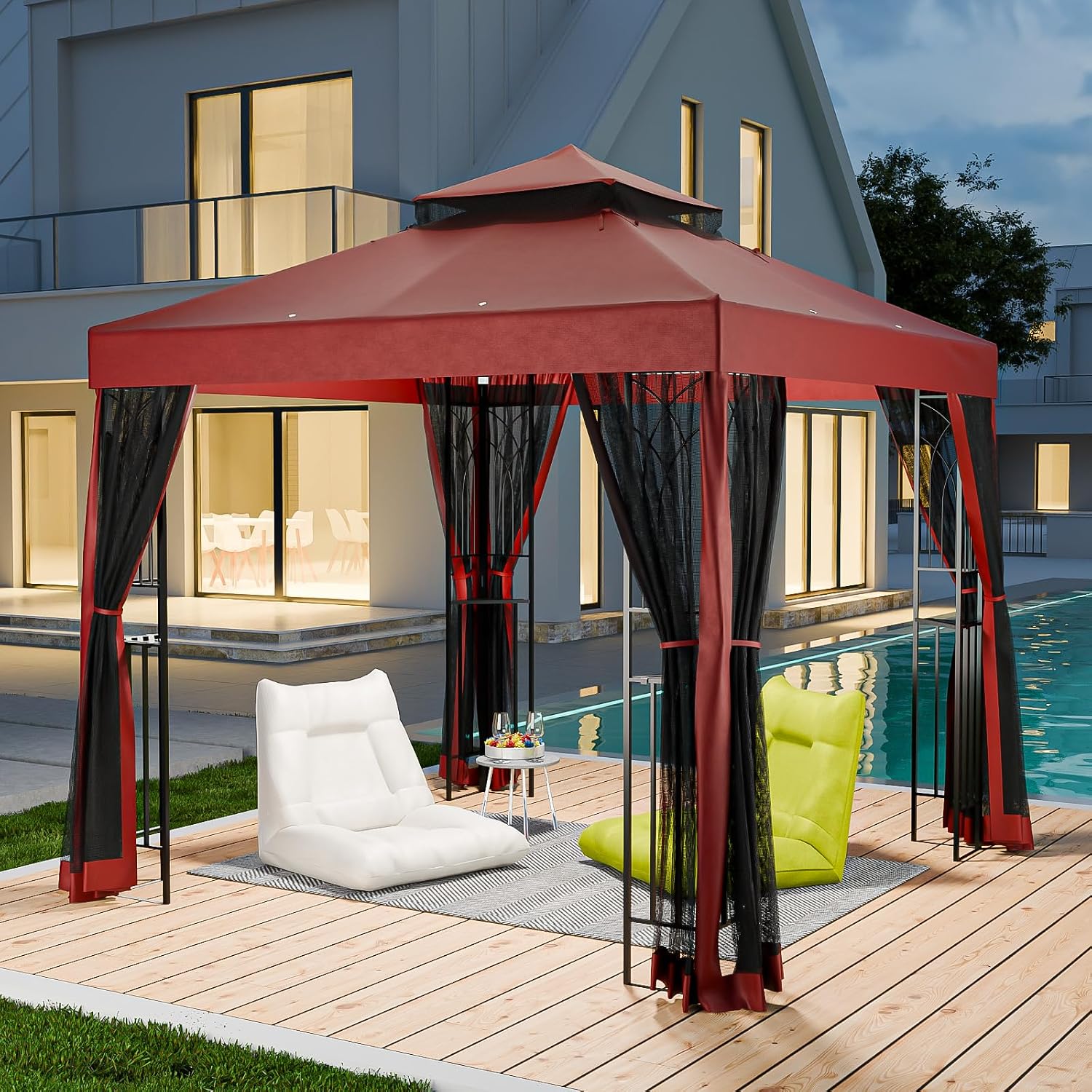 8x8 Outdoor Gazebo Tent with Netting and Corner Shelves, Double Roof Patio Gazebo with Soft Fabric Top, Outdoor Pavilion for Backyard Patio Garden Lawn, Red