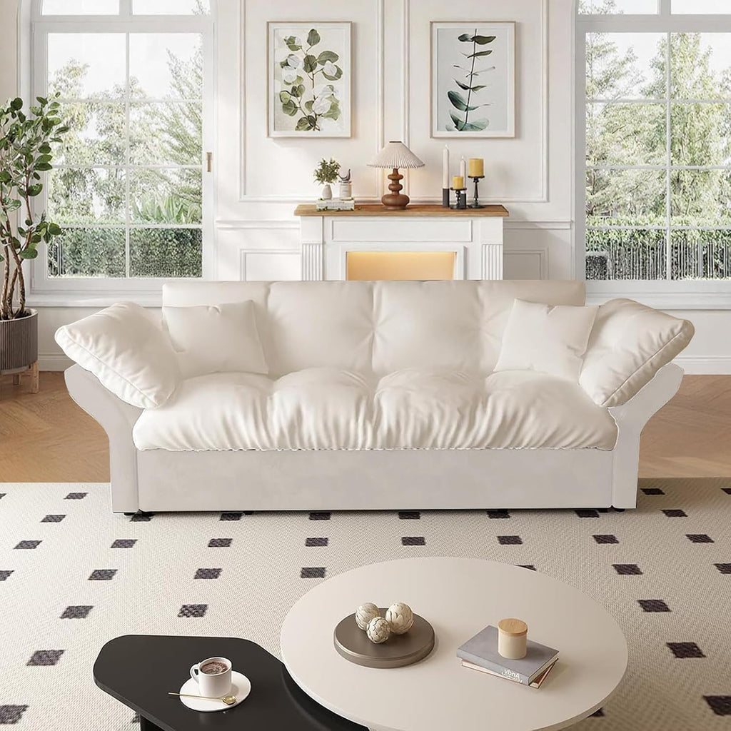 74.8' Queen Size Sleeper Sofa with Pull Out Bed, 3-in-1 Convertible Loveseat Sofa with 2 Pillows, Portable Pull Out Chaise for Living Room Apartment Small Spaces, Beige