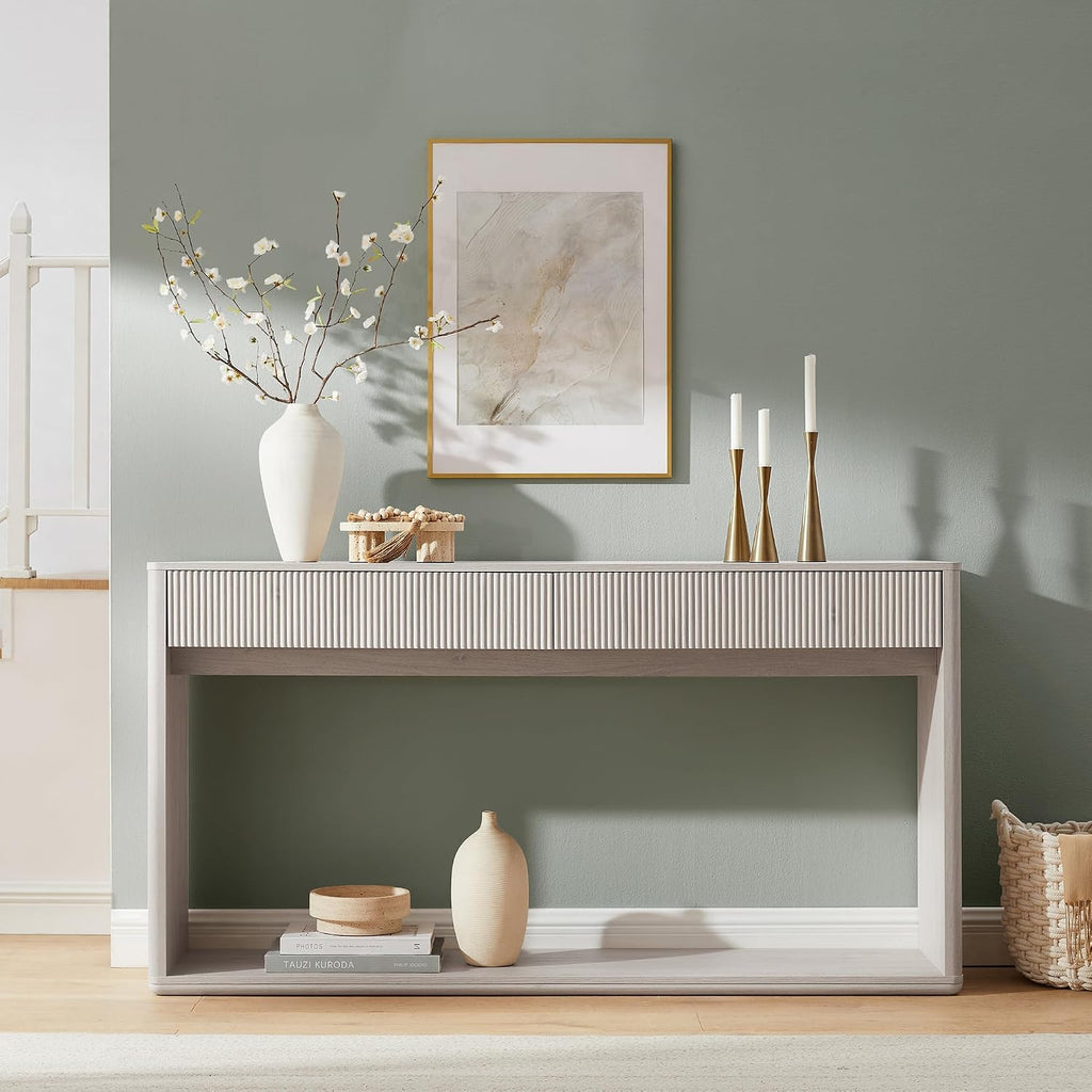 OKD 63' Fluted Console Table for Entryway, Modern Entryway Table with 2 Large Drawers, Long Sofa Table Behind Couch for Living Room, Hallway, Couch, Foyer，Alder White