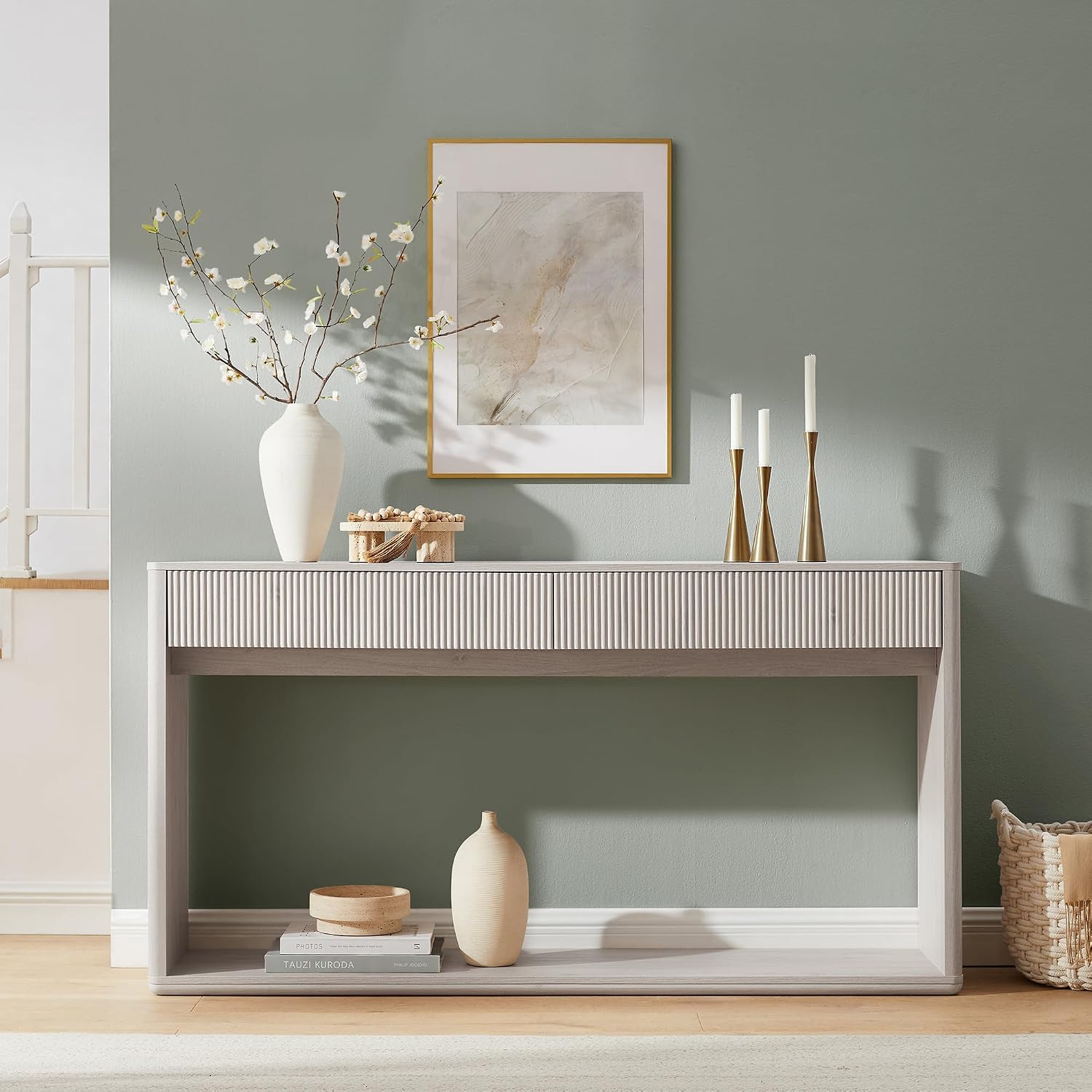 OKD 63' Fluted Console Table for Entryway, Modern Entryway Table with 2 Large Drawers, Long Sofa Table Behind Couch for Living Room, Hallway, Couch, Foyer，Alder White
