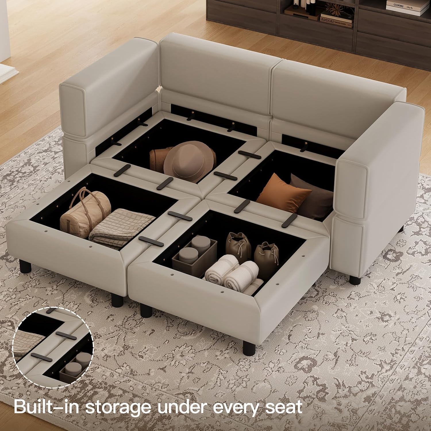 Belffin 63' Modular Sectional Sofa,Couch with Deep Seat,Convertible 4 Seat Sleeper Sofa with Movable Storage Ottoman Chaise,Upholstered Comfy Sectional Couches for Living Room,Grey Velvet