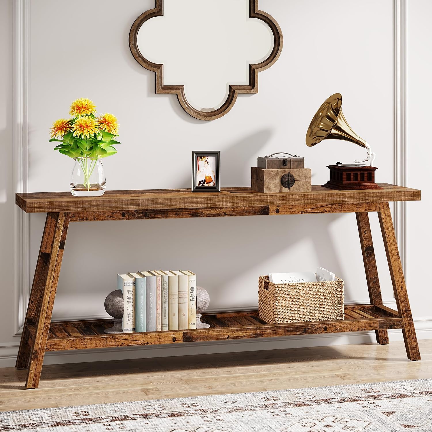 Tribesigns Farmhouse Console Entryway Table: 70.9 Inches Extra Long Console Table for Entryway, 2-Tier Narrow Wood Foyer Sofa Couch Table for Hallway, Entrance, Living Room, Mixed Brown