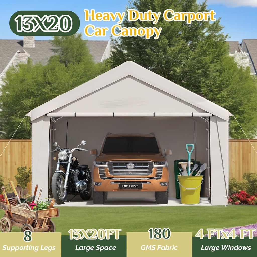 EROMMY 13' x 20' Heavy Duty Carport, Portable Garage with Removable Sidewalls, Shelter with Roll-Up Windows, All-Season Car Canopy for Truck, Boat, Tractor, White