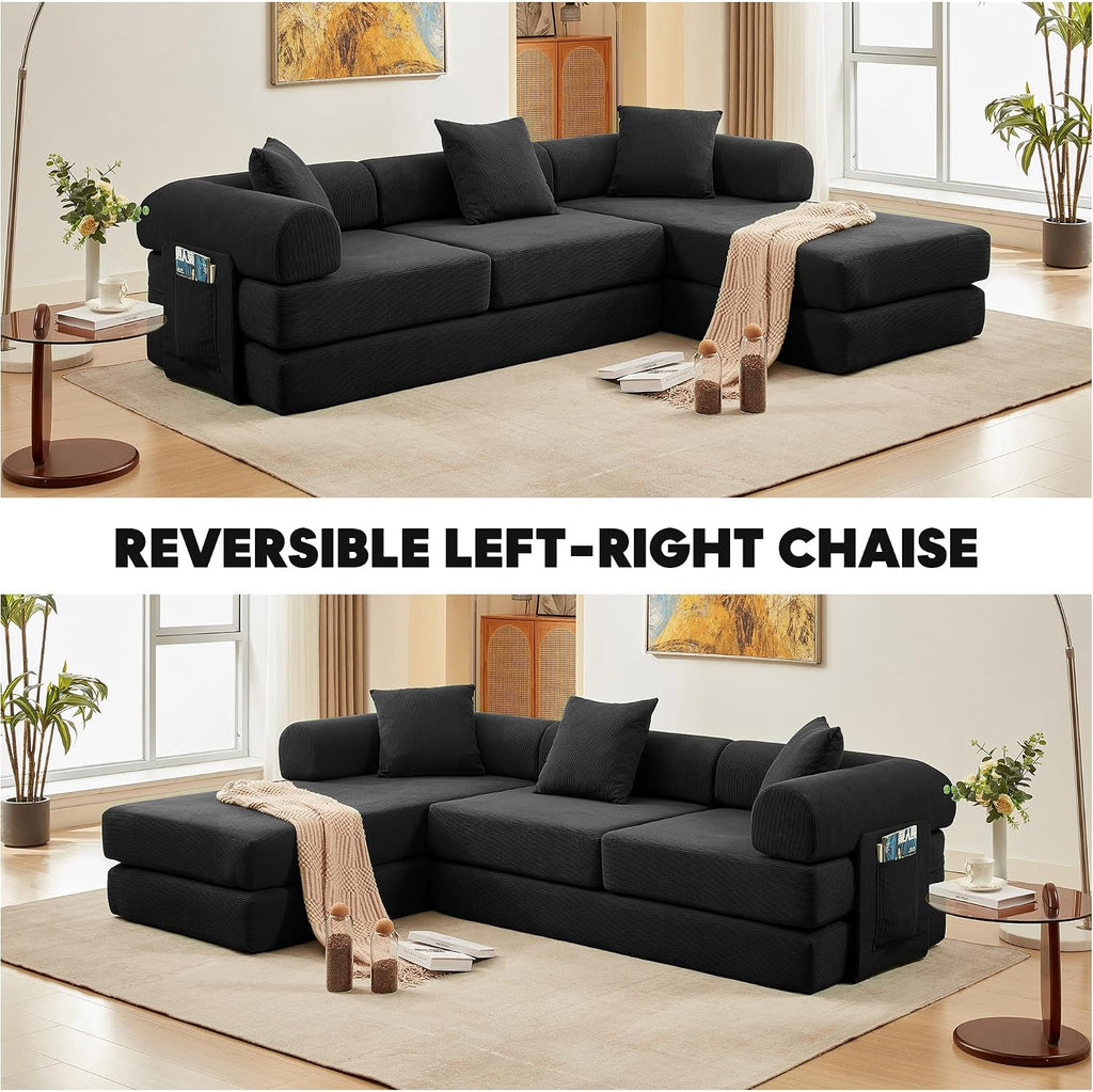 Modular L Shaped Sofa Bed with Cylindrical Pillow & Reversible Chaise, Corduroy Convertible Floor Boneless Sofa Couch Bed with Fixed-Shape Frame & Storage Pocket for Living Room, Black