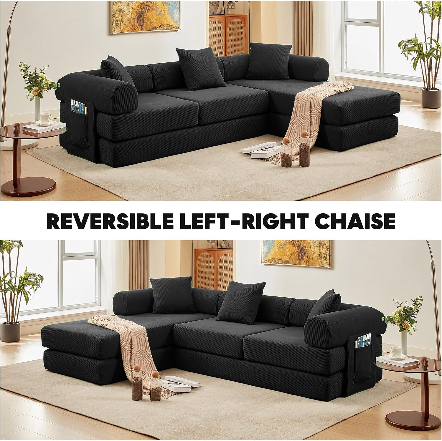 Modular L Shaped Sofa Bed with Cylindrical Pillow & Reversible Chaise, Corduroy Convertible Floor Boneless Sofa Couch Bed with Fixed-Shape Frame & Storage Pocket for Living Room, Black