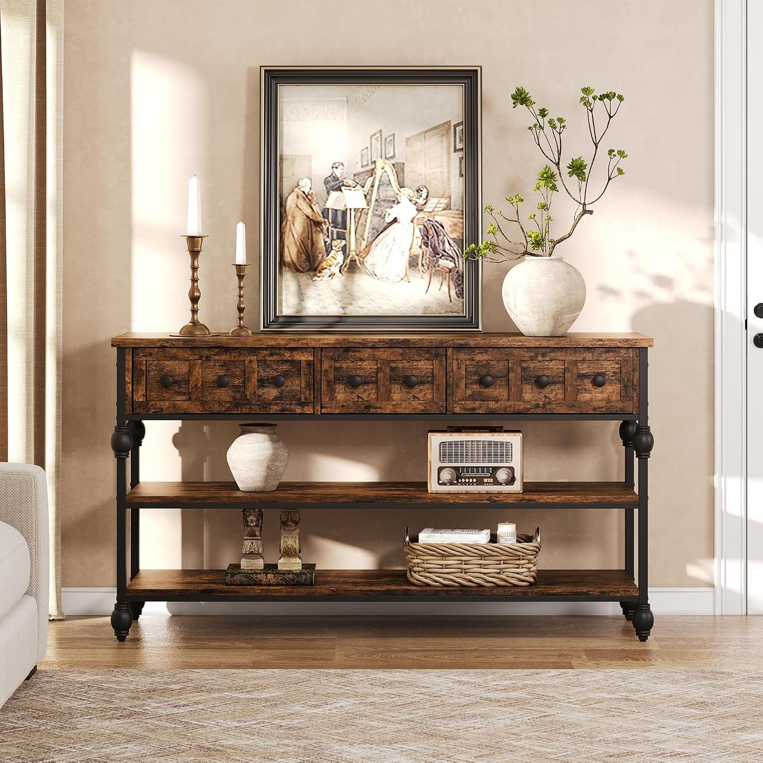 Garvee Console Sofa Table 53 in, Entryway Table with 3 Drawers, 3 Tier Metal Sofa Table, Open Shelf Behind Couch Table for Hallway, Living Room, Roman Column Design, Rustic Brown