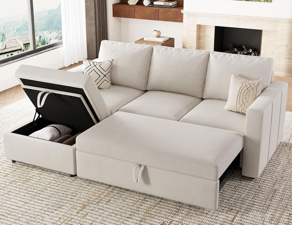 Belffin Modular Sectional Sleeper Sofa with Pull Out Couch, L Shaped Sleeper Pull Out Bed, Convertible Sectional Couches for Living Room, Beige