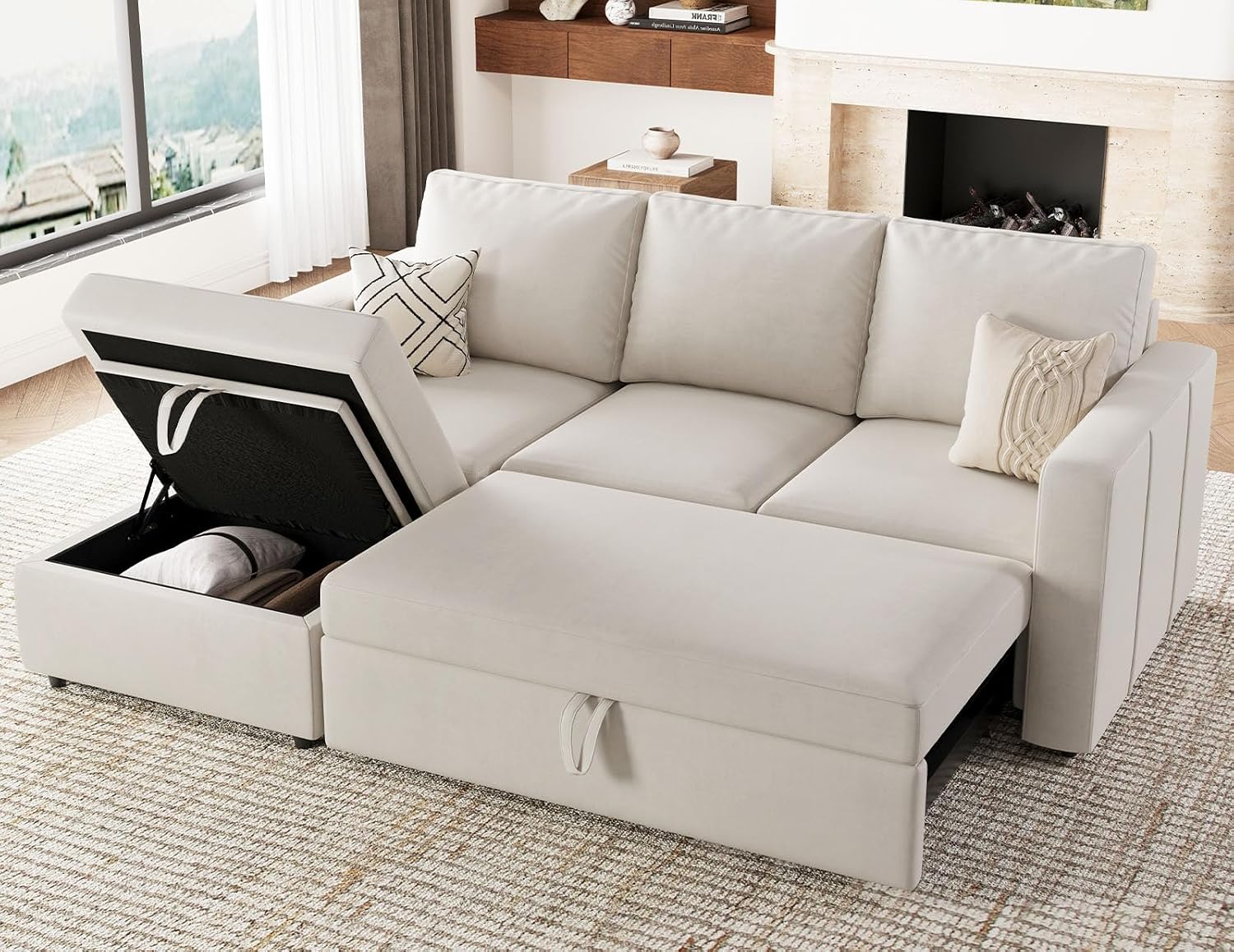 Belffin Modular Sectional Sleeper Sofa with Pull Out Couch, L Shaped Sleeper Pull Out Bed, Convertible Sectional Couches for Living Room, Beige
