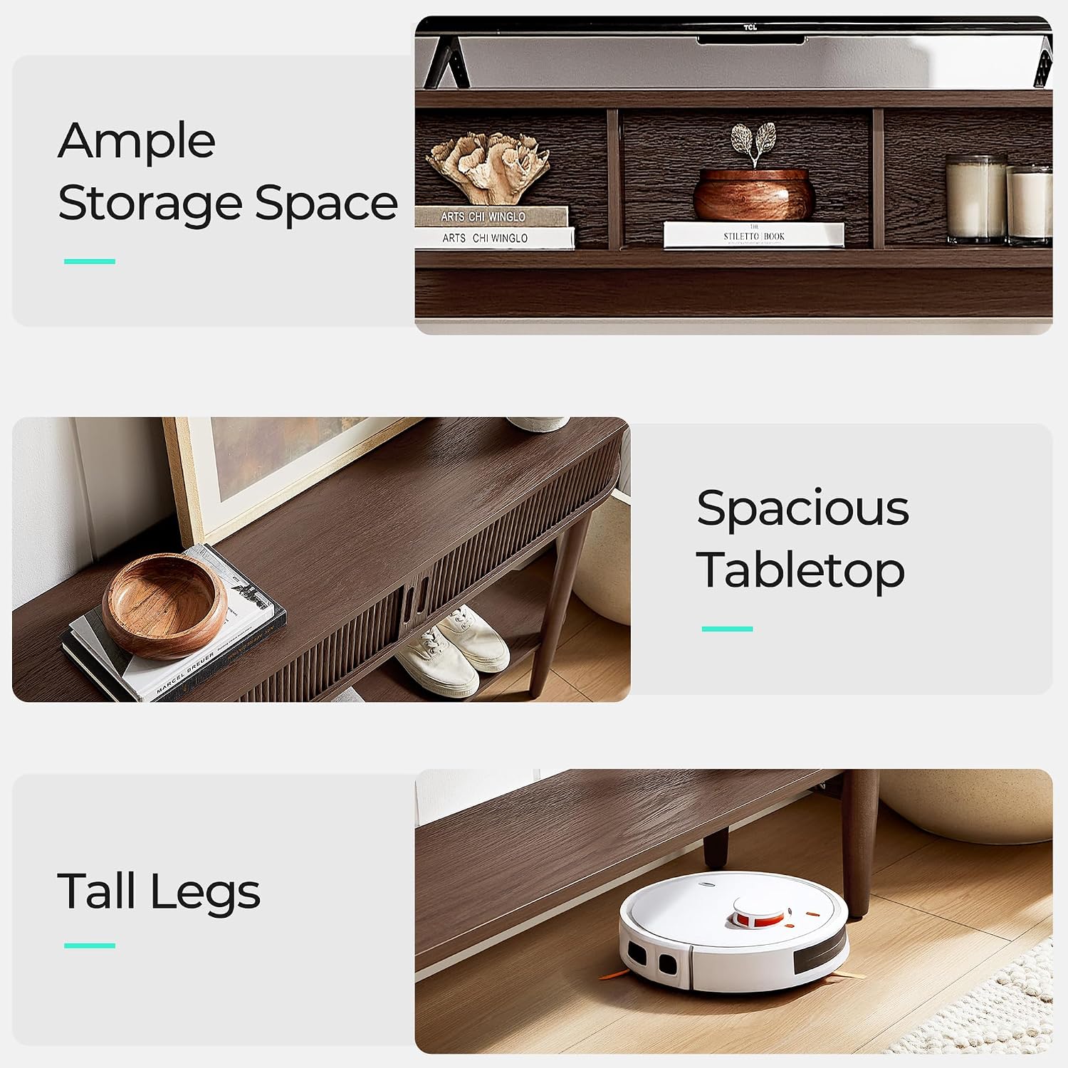 LINSY Fluted Console Table with Storage, Entryway Table Wood Entrance Tables for Front Door, Behind Couch Sofa Table with Shelves, Foyer Tables for Hallways, Living Room Vintage Furniture, Walnut