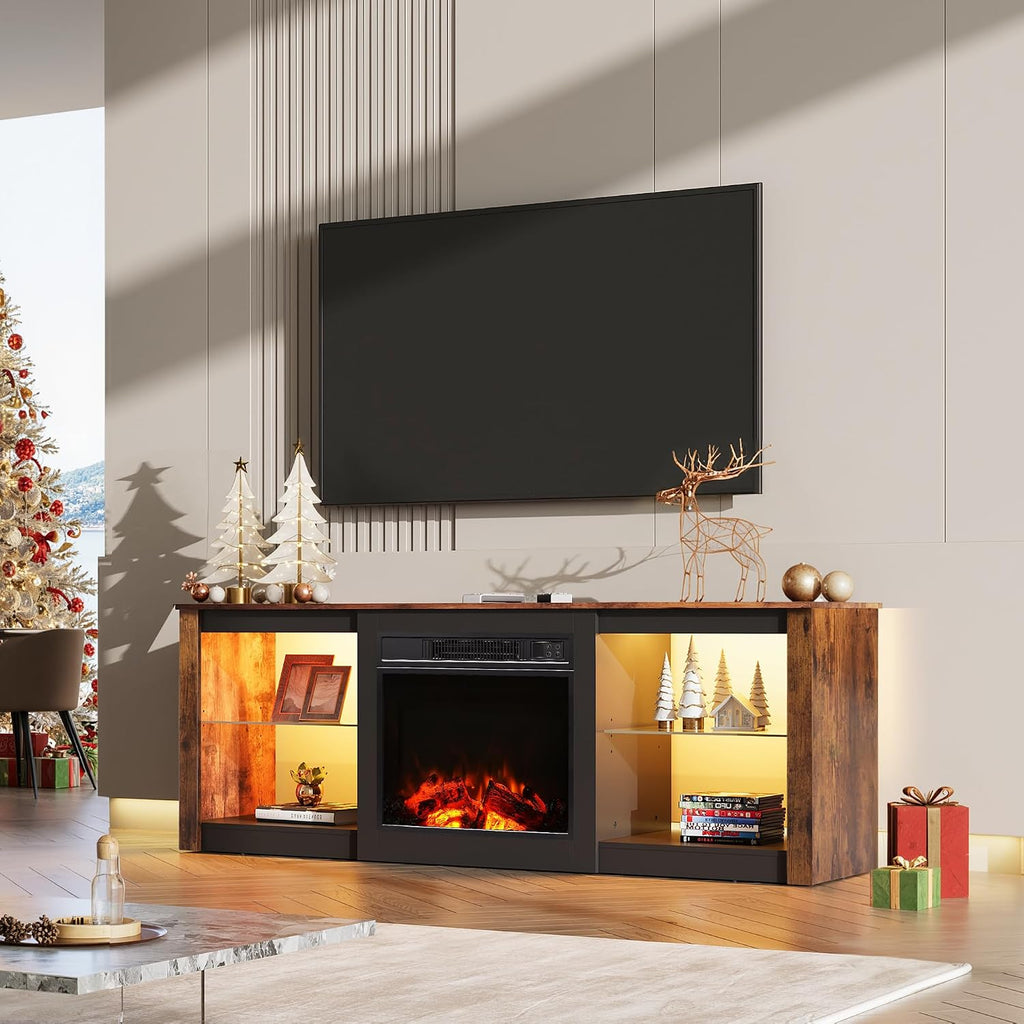 WLIVE 58 Inches Fireplace TV Stand with LED Lights, Modern Entertainment Center with 18'' Electric Fireplace & Adjustable Glass Shelves, Sturdy Media Console for Living Room, Bedroom (Brown)