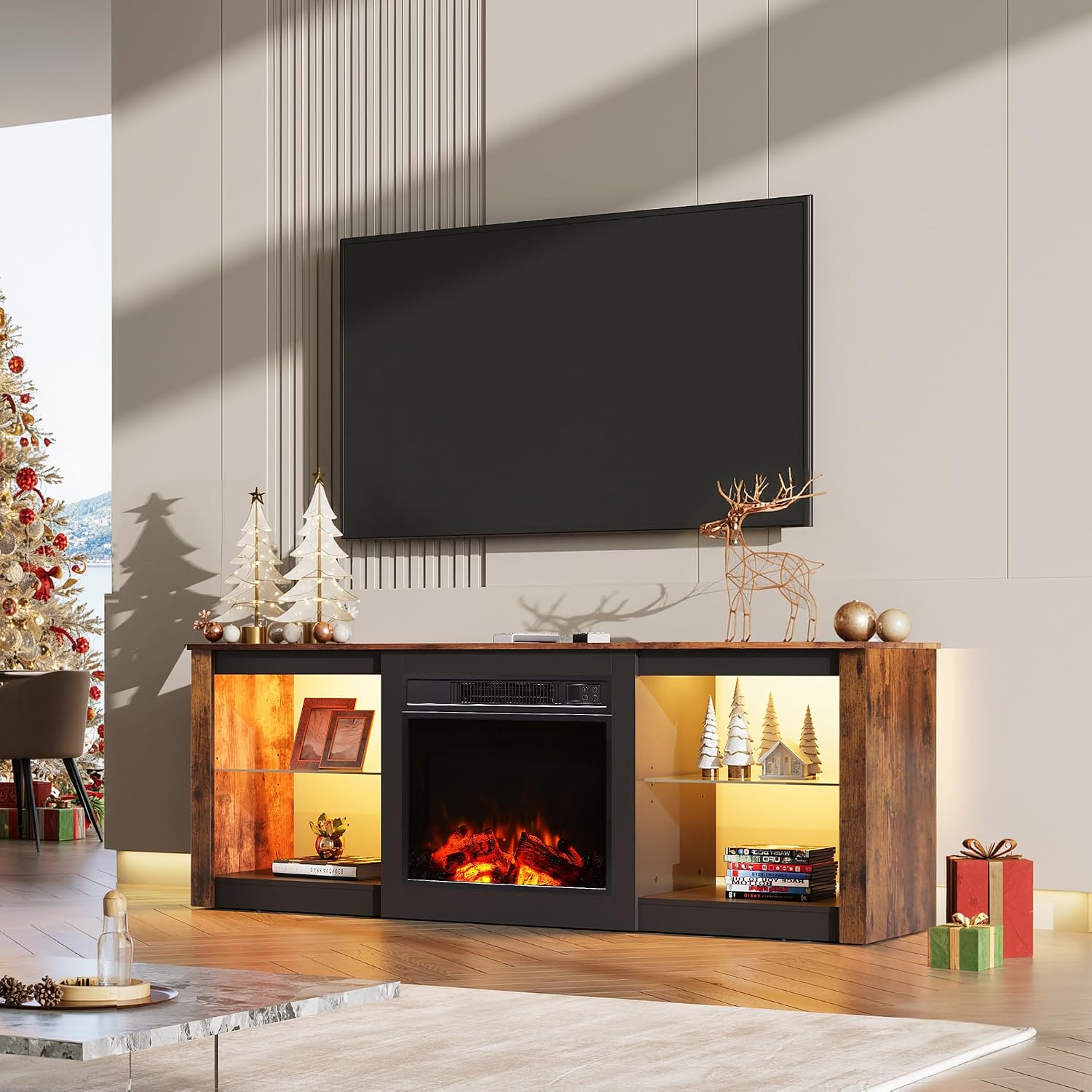 WLIVE 58 Inches Fireplace TV Stand with LED Lights, Modern Entertainment Center with 18'' Electric Fireplace & Adjustable Glass Shelves, Sturdy Media Console for Living Room, Bedroom (Brown)
