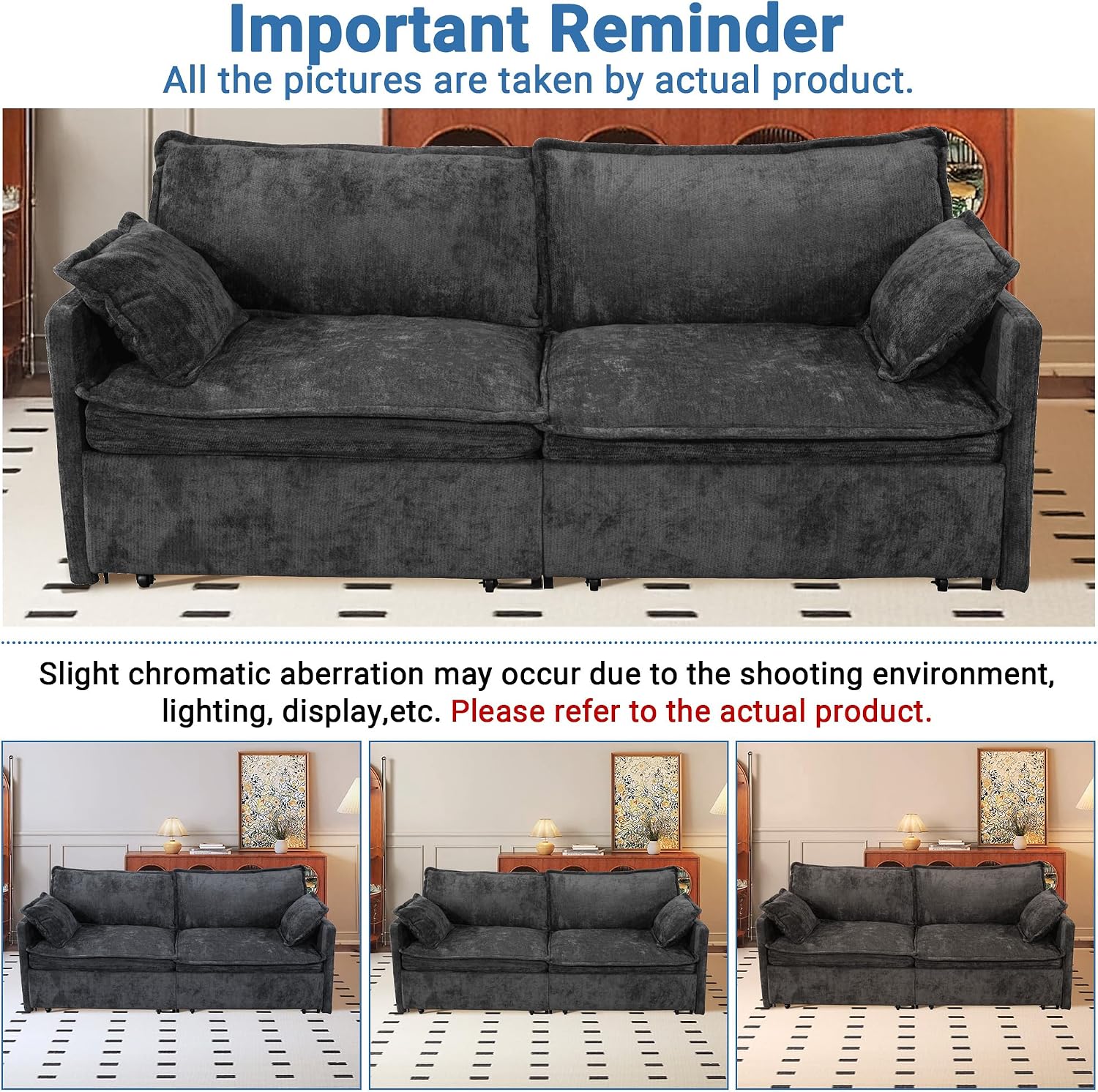 73' Sleeper Sofa Bed, 3-in-1 Pull Out Couch with USB/Type-C Charging & Side Pockets, Convertible Chenille Loveseat Chaise Lounge, Space-Saving Sofa for Living Room, Black