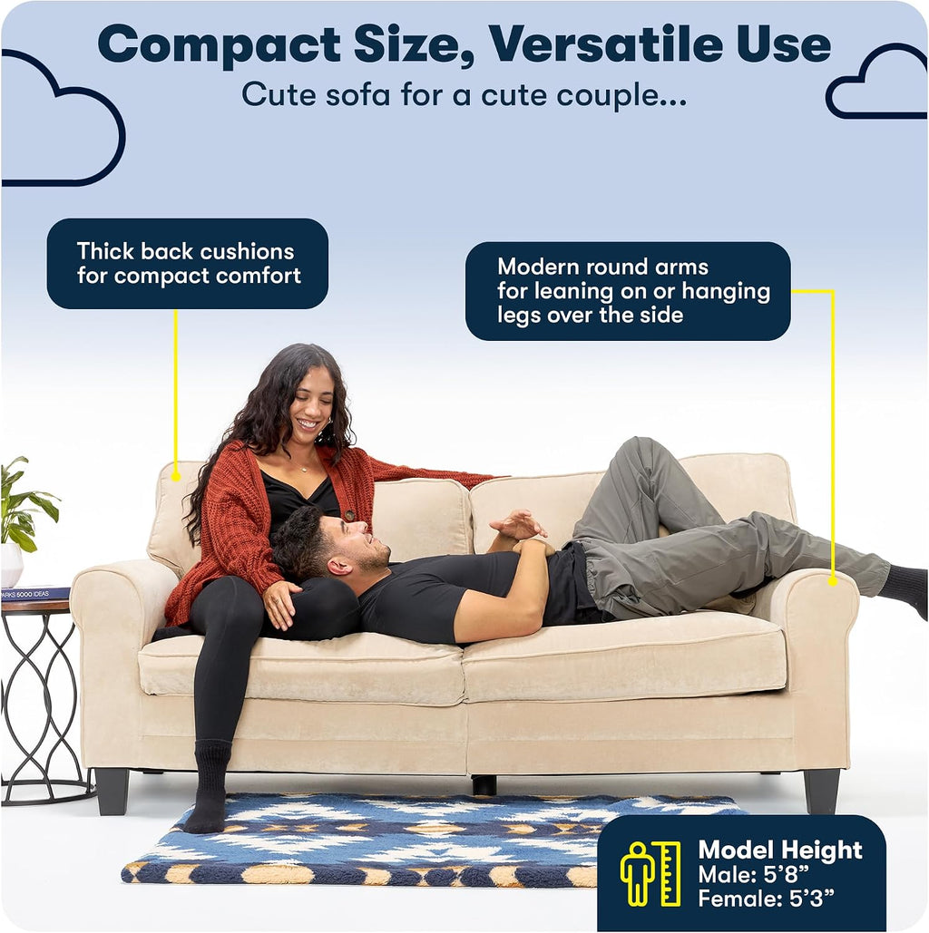 Serta Copenhagen 73' Rolled Arm Sofa, Easy Care Polyester, Soft Pillow Back, Pocket Coil Seat Cushions, Removable Covers, Loveseat or Couch for Small Spaces, Living Rooms or Bedrooms, Buckwheat Beige
