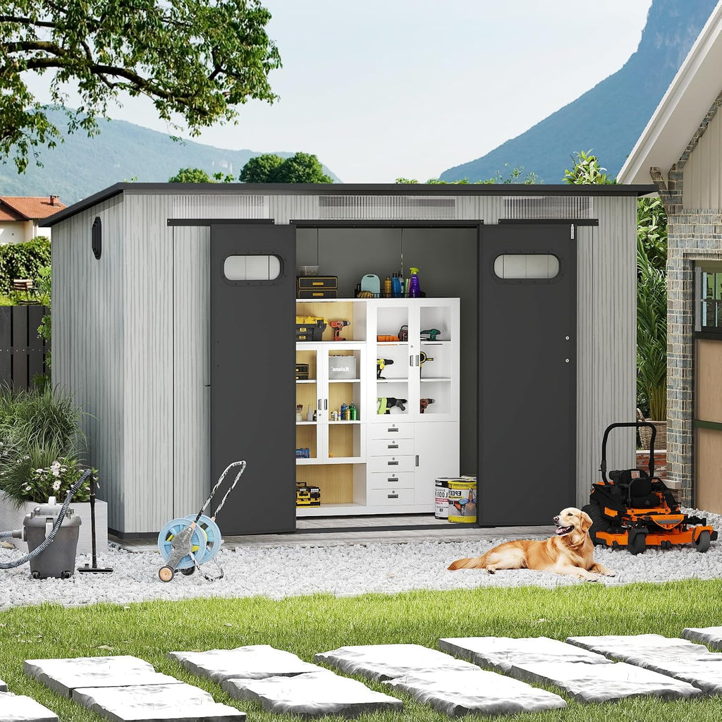 6x11 FT Outdoor Resin Storage Shed with Mats, All-Weather Sloping Plastic Storage Sheds with Lockable Doors & Vents, Outside Tool Storage Shed for Backyard, Garden, Mower, Bike & Pool Equipment