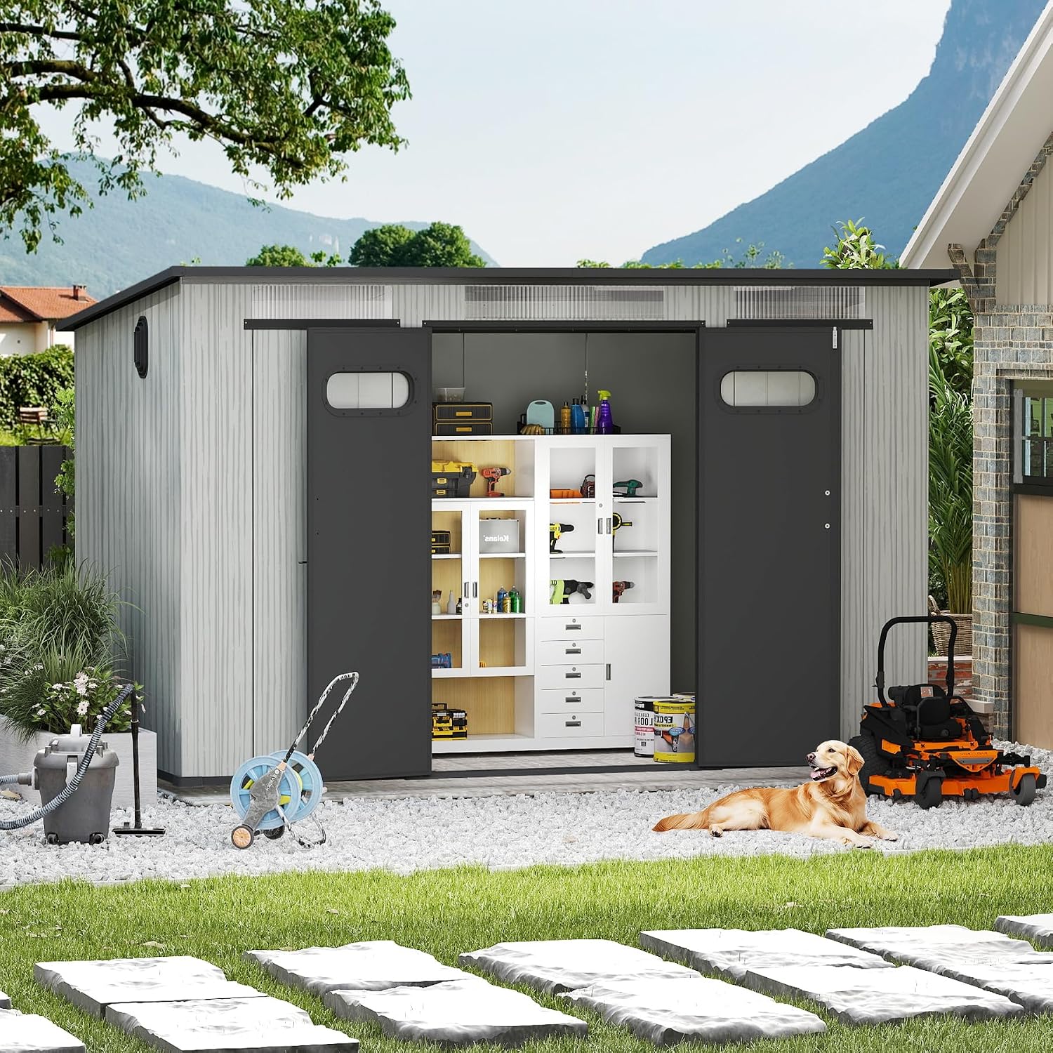 6x11 FT Outdoor Resin Storage Shed with Mats, All-Weather Sloping Plastic Storage Sheds with Lockable Doors & Vents, Outside Tool Storage Shed for Backyard, Garden, Mower, Bike & Pool Equipment