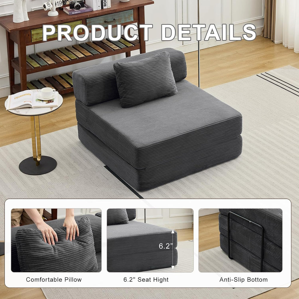 Folding Sofa Bed, Convertible Sleeper Chair with Pillow, Single Sofa with Back Support, Portable Fold Out Chair Cloud Couch Bed, Comfy Floor Sofa Lounge for Living Room Bedroom, Dark Grey