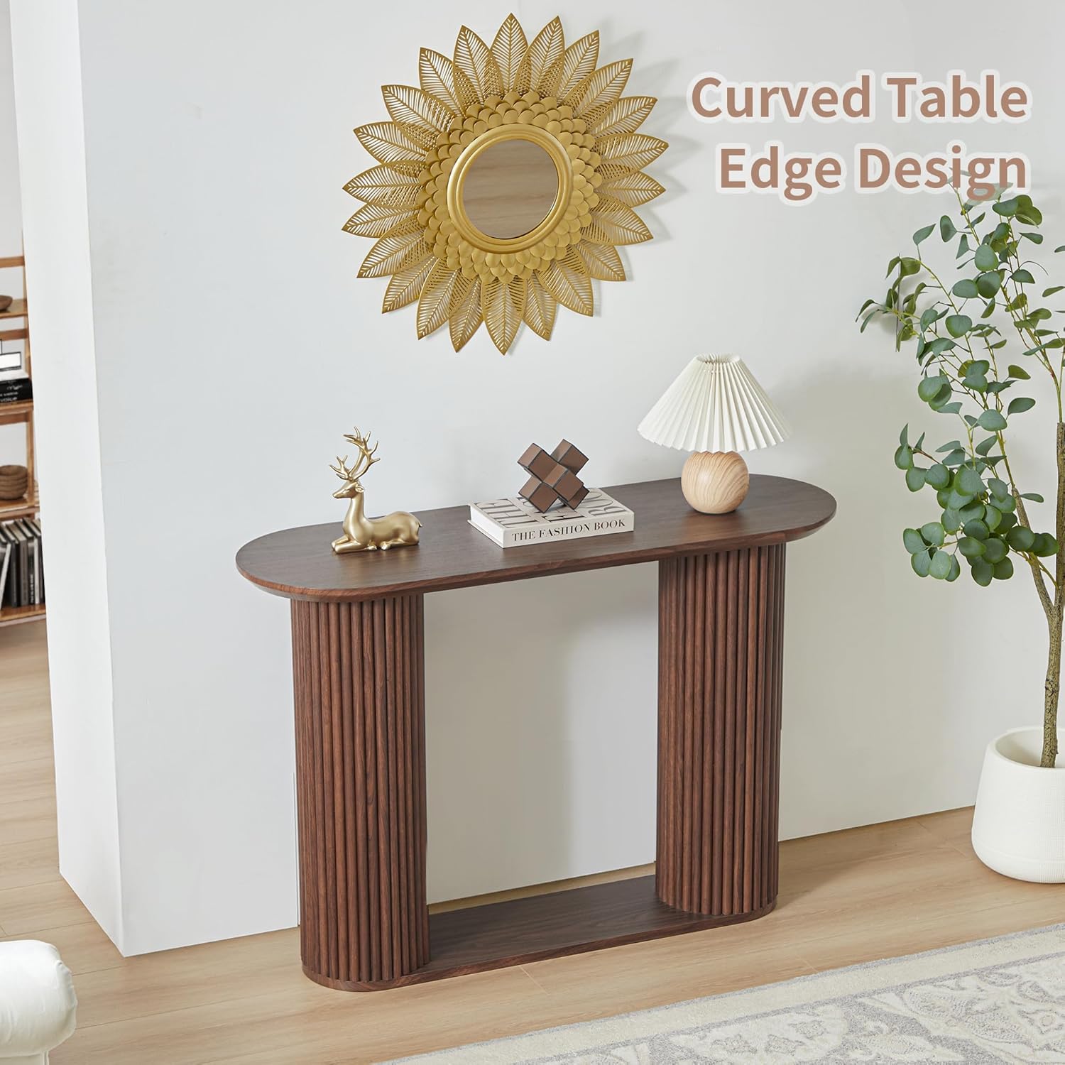 Fluted Console Table, Farmhouse Oval Curved Entryway Table with Storage and Fluted Wood Legs, Narrow Small Long Entry Sofa Table for Entrance, Hallway, Living Room (Walnut)