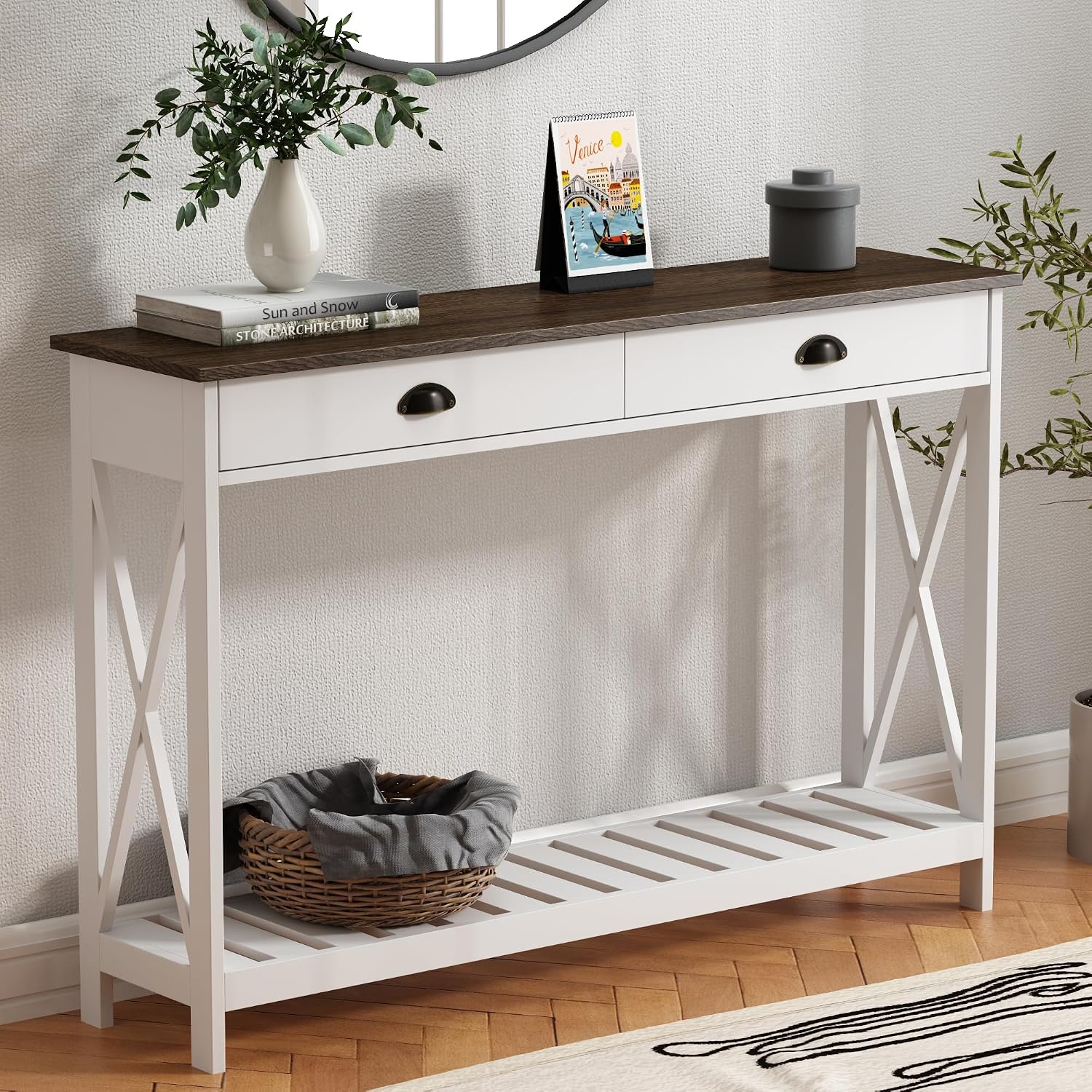 ChooChoo 47' Farmhouse Console Table with Drawer for Entryway, Narrow Long Entry Table with Shelf for Living Room, Rustic Vintage Hallway Sofa Table with Stable X Supports, White
