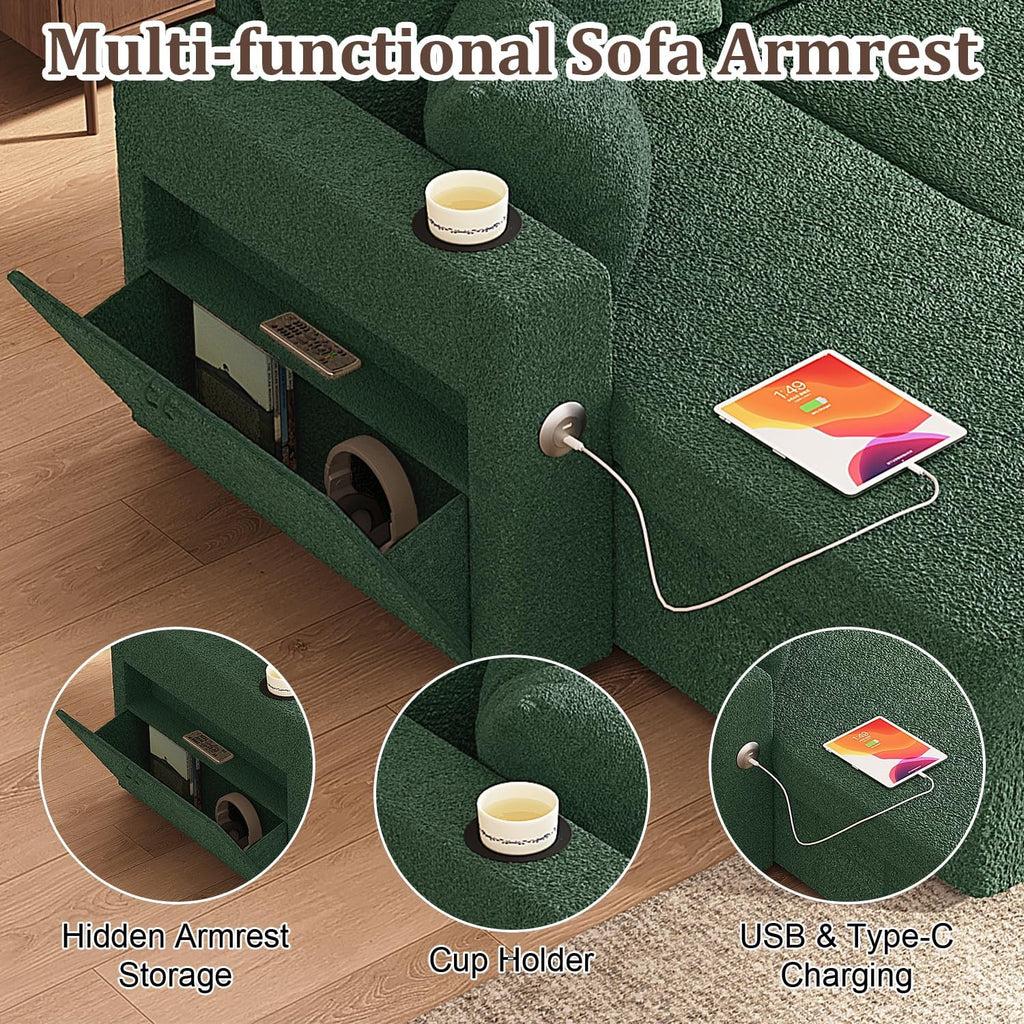 KCGKCG Sleeper Sofa Bed, 4-in-1 Pull Out Couch with Reversible Chaise | Dual USB & Type-C Charging | Dual Cup Holders | Layered Storage (Armrest + Chaise) for Living Room (Classic Green)