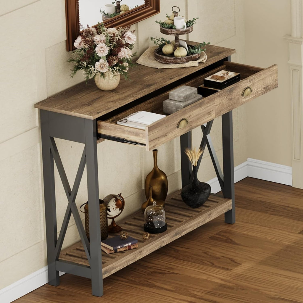 ChooChoo 47' Farmhouse Console Table with Drawer for Entryway, Narrow Long Entry Table with Shelf for Living Room, Rustic Vintage Hallway Sofa Table with Stable X Supports, Rustic Oak & Black