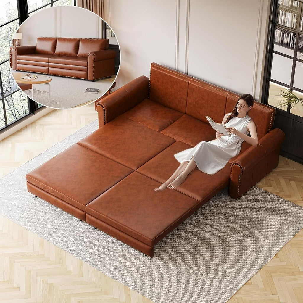 Faux Leather Sleeper Sofa Couch with Pullout Bed, 93.7' King Size Sleeper Sofa Bed, 3 in 1 Convertible Sofa Bed with Nailhead Trim & Rolled Arm for Living Room Bedroom Office (Light Brown)