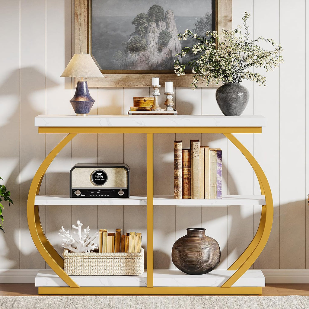 Tribesigns 41.3' Console Table, Industrial 3-Tier Entryway Table with Arched Metal Frame and Storage Shelves for Living Room, Hallway, White Gold