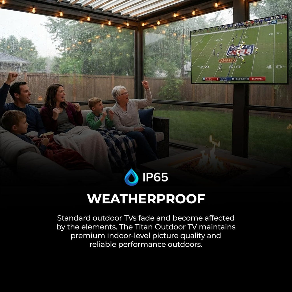 Titan G100 Mini-QLED 85 Inch Outdoor TV, Covered Patio, IP65 Smart Weatherproof TV, 4K HDR, 144 Hz, Google AI OS, 1000 Nits, Wi-Fi 5, Dolby Vision&Atmos, Onkyo, Outdoor TV Cover, Slim Bezel, 2 Yr Wty