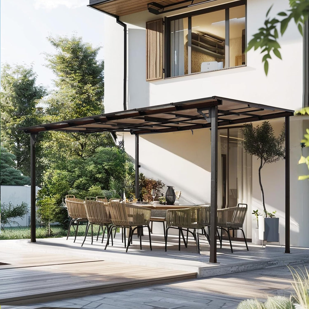 10' x 12' Outdoor Pergola Gazebo, Wall-Mounted Lean to Metal Awning Gazebo with Roof, Large Heavy Duty Garage Top Tent for Patio, Decks, Backyard