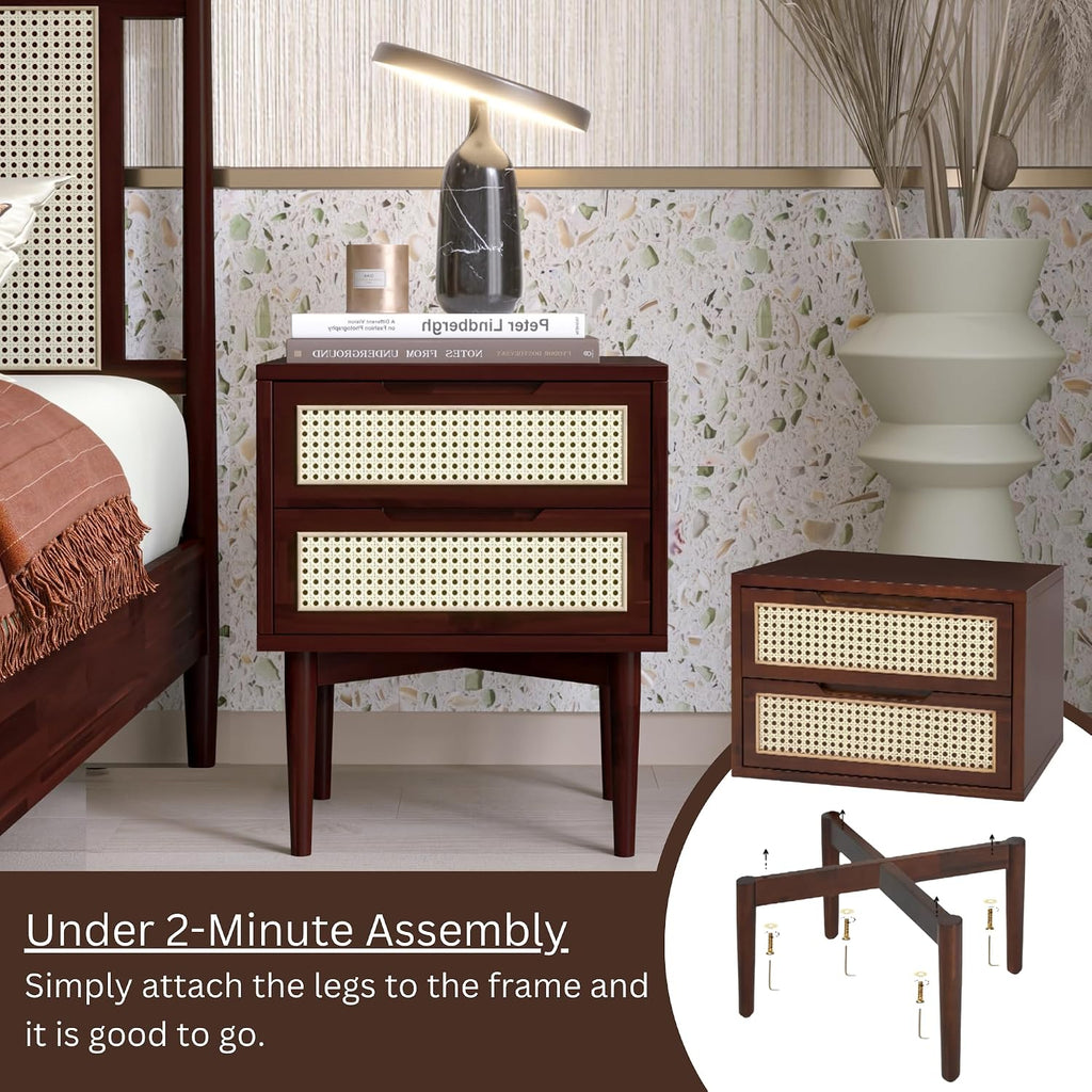 Bme Oliver Solid Wood Rattan Nightstand/Side Table/End Table, Fully Assembled, for Bohemian & Mid Century Style Bedroom and Living Room, Walnut