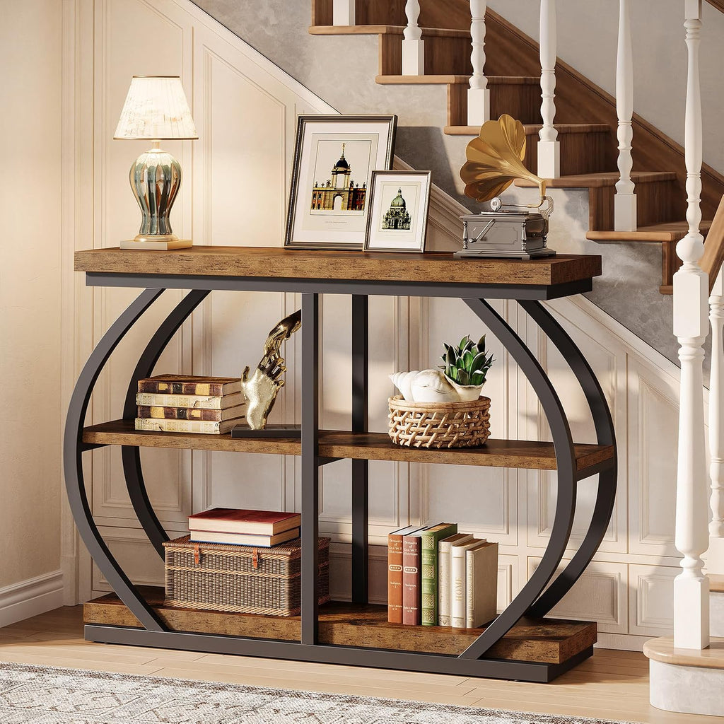 Tribesigns 41.3' Console Table, Industrial 3-Tier Entryway Table with Arched Metal Frame and Storage Shelves for Living Room, Hallway, Rustic Brown