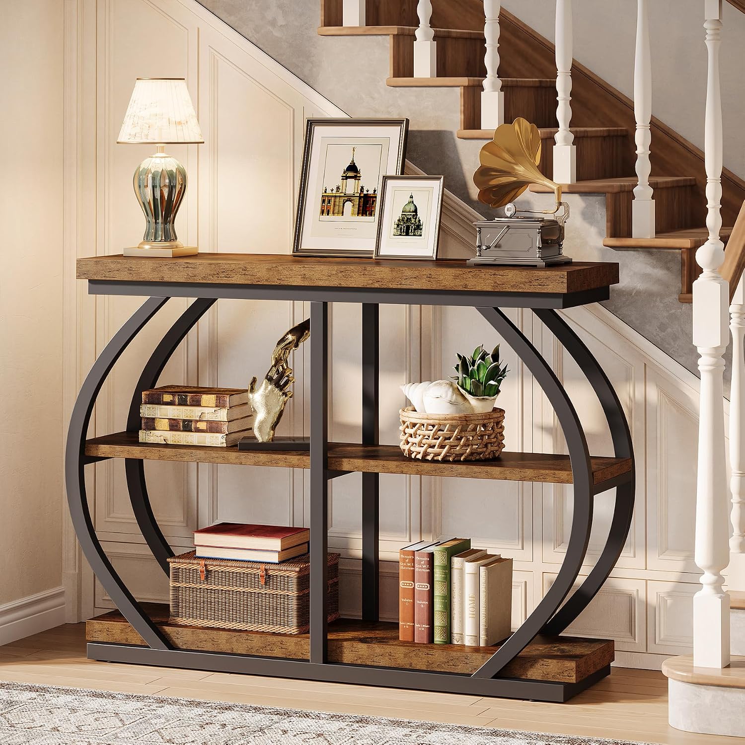 Tribesigns 41.3' Console Table, Industrial 3-Tier Entryway Table with Arched Metal Frame and Storage Shelves for Living Room, Hallway, Rustic Brown