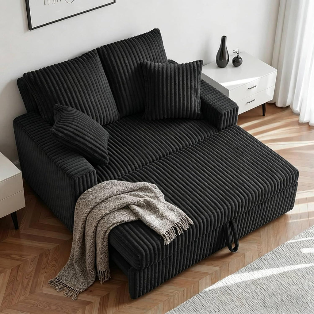 3 in 1 Convertible Sofa Bed，52.8' Pull Out Couch with Side Pockets，Modern Corduroy Fabric Loveseat Sleeper Sofa with Adjustable Backrest for Living Room Bedroom Apartment (Black Corduroy)