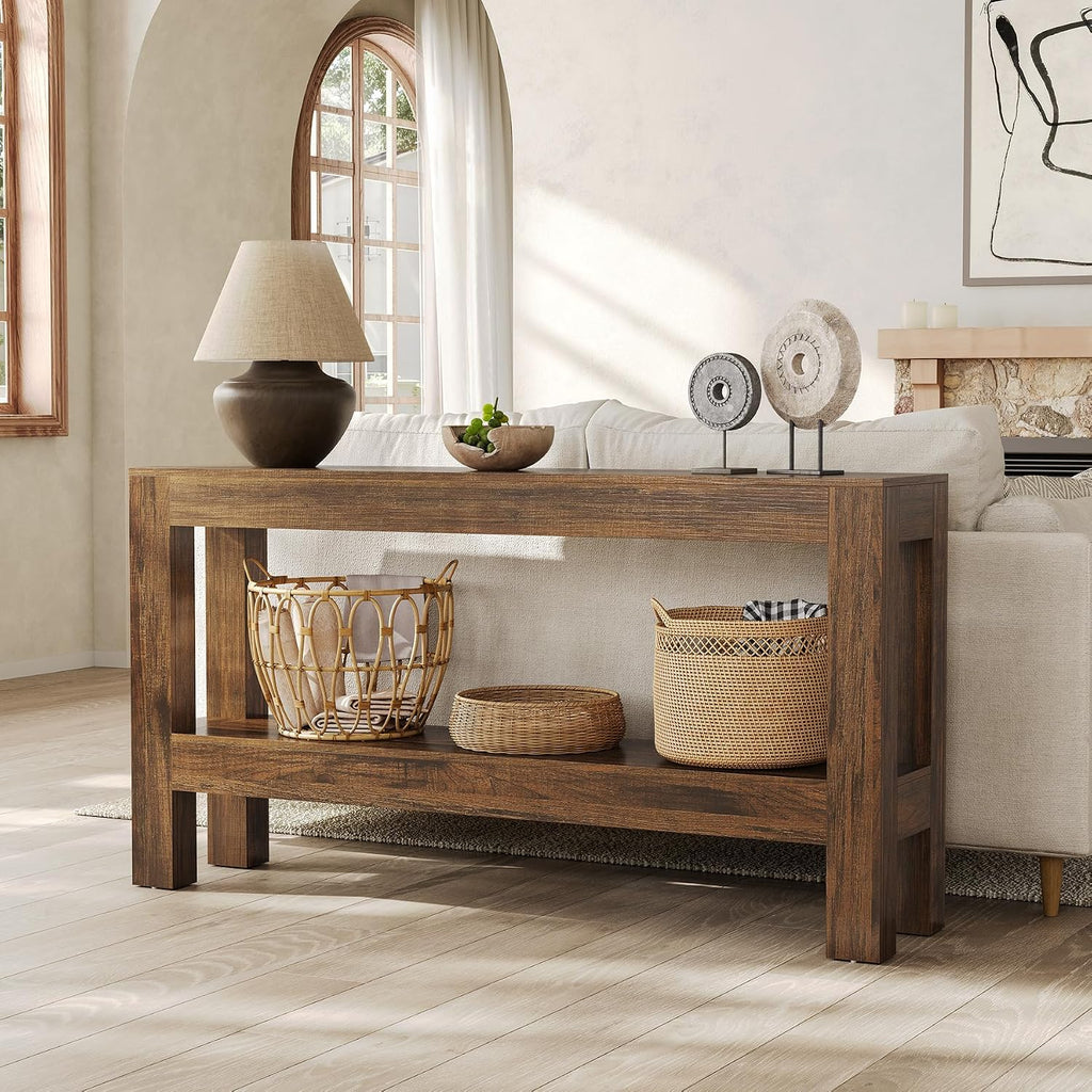 LITTLE TREE 63-Inch Wood Entryway Table, Long Farmhouse Narrow Console Table for Living Room, Hallway, Sofa, Entry, Entrance, Foyer, Behind Couch with 2-Tier Shelves, Brown