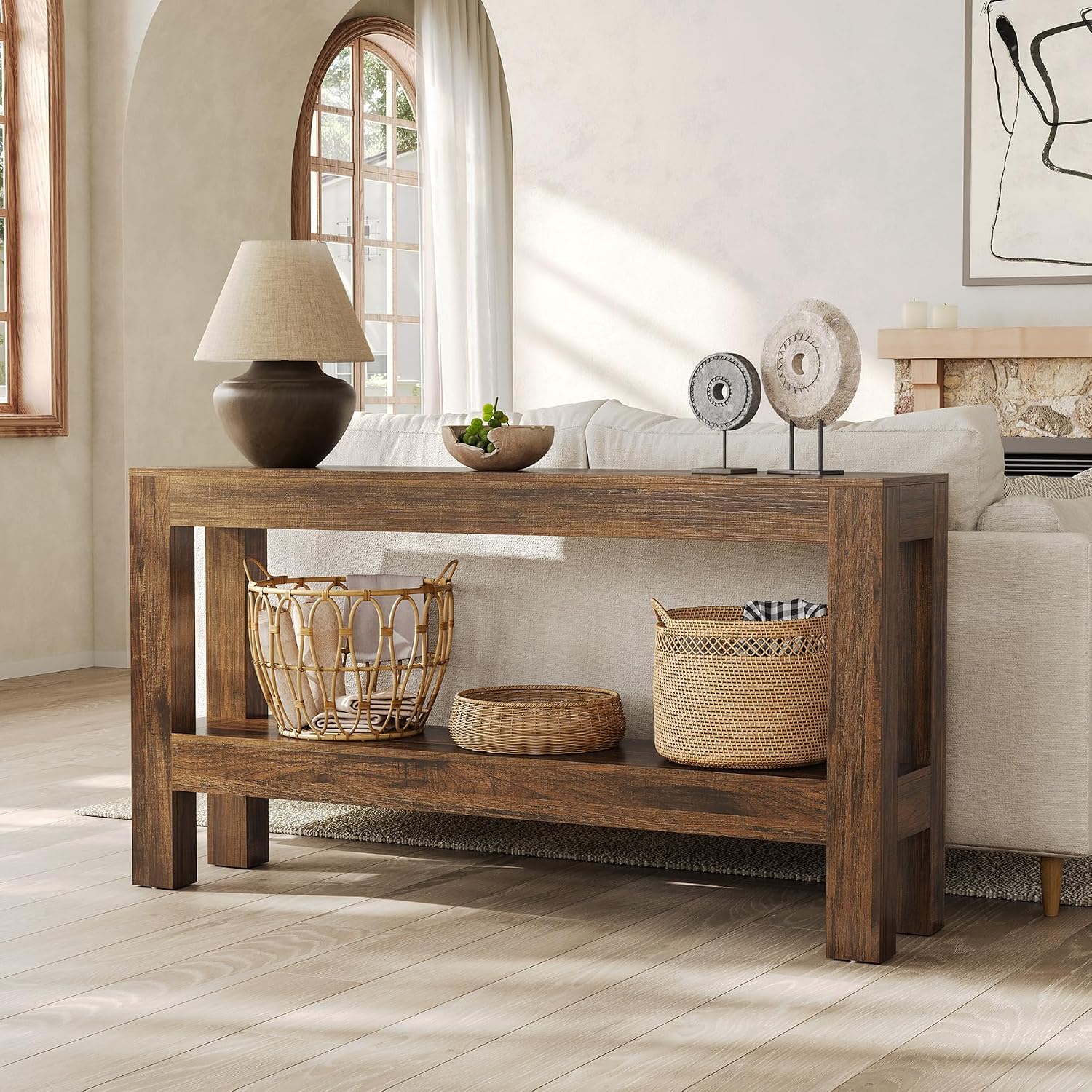 LITTLE TREE 63-Inch Wood Entryway Table, Long Farmhouse Narrow Console Table for Living Room, Hallway, Sofa, Entry, Entrance, Foyer, Behind Couch with 2-Tier Shelves, Brown