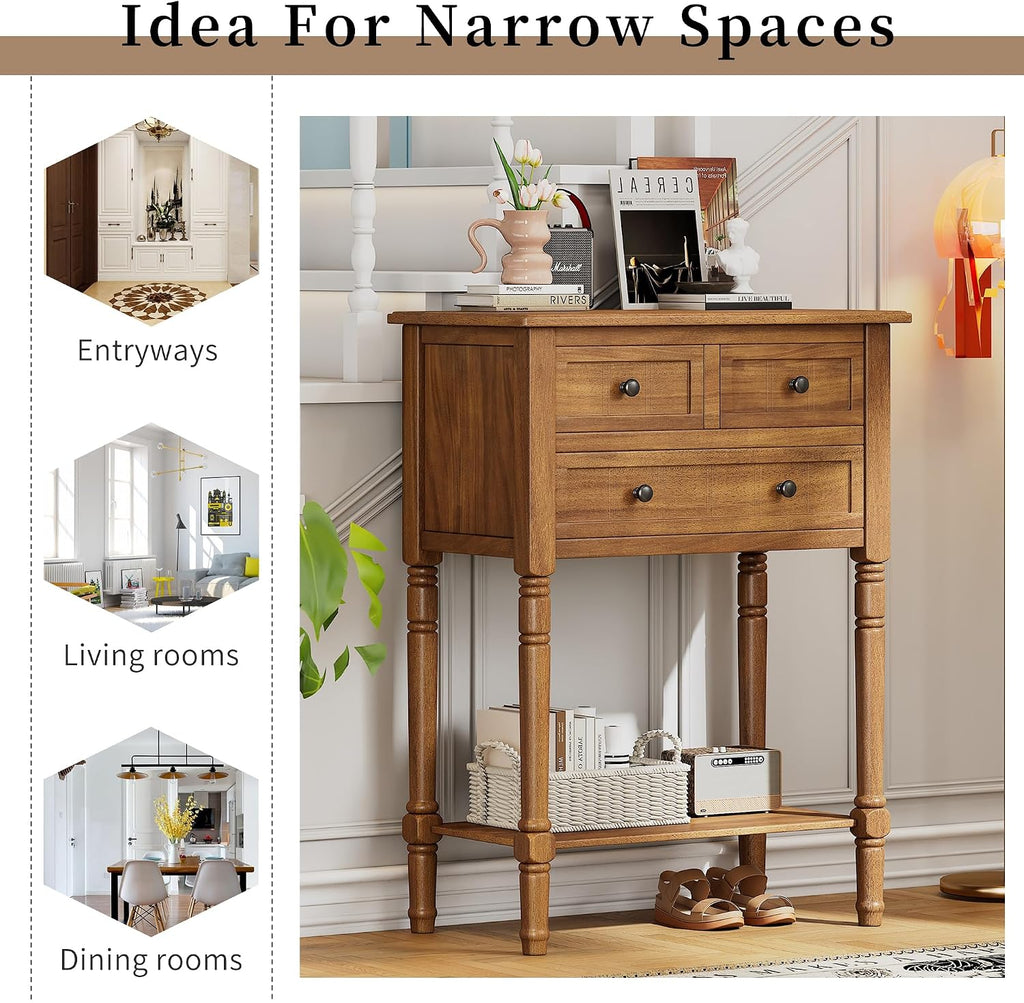Merax Narrow Console Table, Elegant Slim Entryway Table Sofa Table with Three Storage Drawers and Bottom Shelf for Entryway for Hallway, and Living Room (Natural)