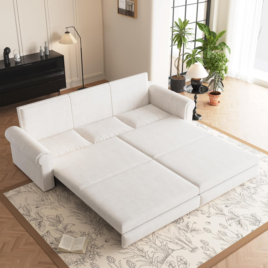 King Size 93.7' Pull Out 3 Seat Sofa with 2 Pillows, 3-in-1 Velvet Fabric Convertible Sleeper Sofa Bed, Fold Couch for Living Room, Office and Small Space, Beige