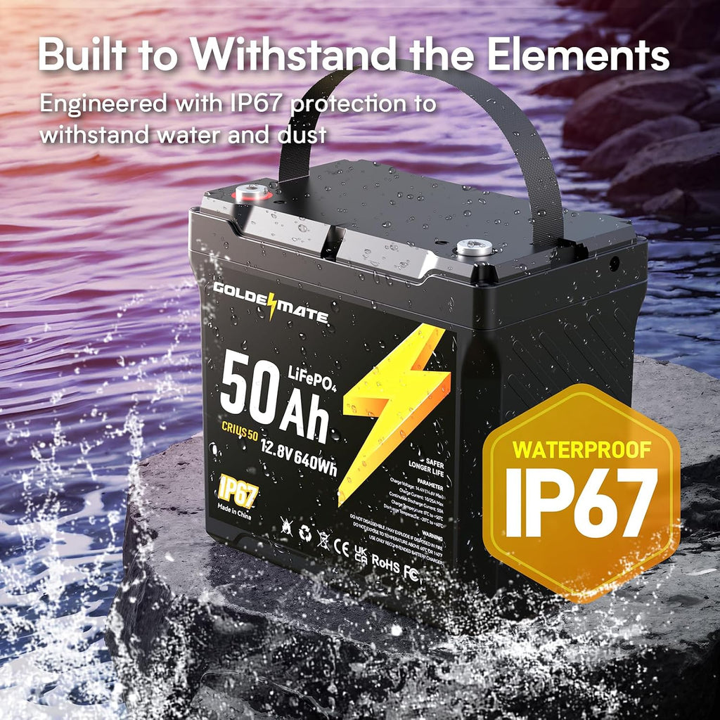 GOLDENMATE 12V 50Ah LiFePO4 Battery, IP67 Waterproof, 5000+ Deep Cycles, Built-in BMS & Grade A Lithium Iron Phosphate Battery Cell, Ideal for RV, Camping, Solar, Marine, Trolling Motor, Off-grid Sets
