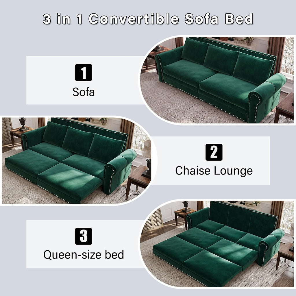 3 in 1 Convertible Sleeper Sofa Bed, 93.7' King Size Sofa Sleeper with Pull Out Bed, Velvet Folding Loveseat Sofa 3-Seater with Deep Seat, Nailhead Trim & Rolled Arm for Living Room (Green)