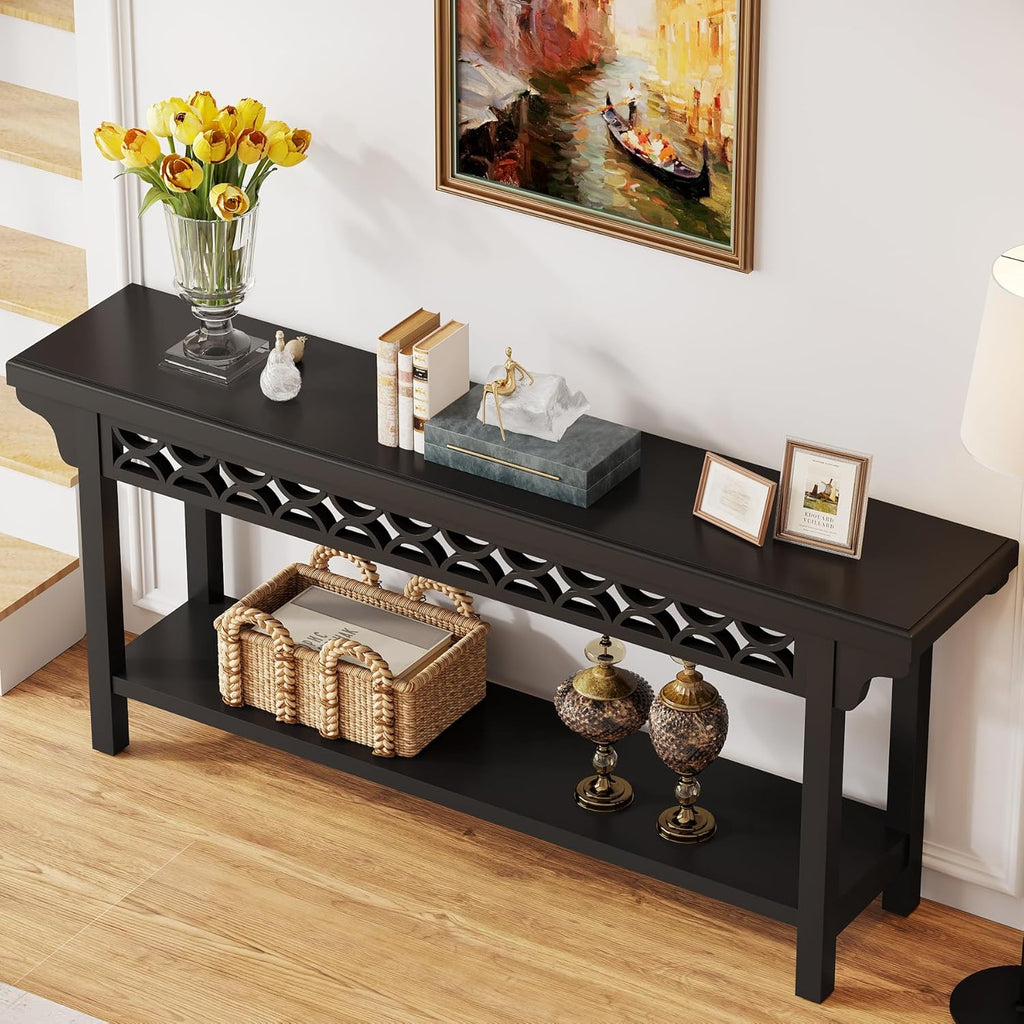 Tribesigns 70.8-Inch Solid Wood Long Console Table, Farmhouse Entryway Table with Storage, Narrow Sofa Table Grey Couch Table for Living Room Entryway Hallway (Black)