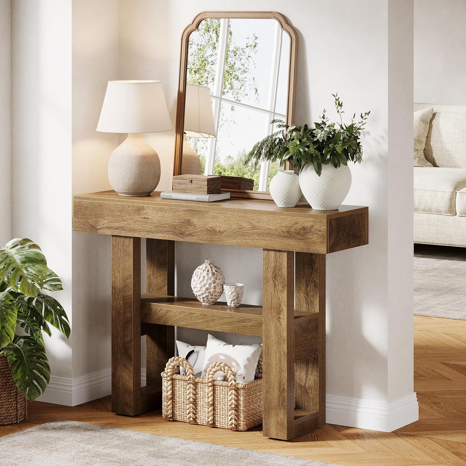 Tribesigns 41.34-Inch Farmhouse Console Table, 2-Tier Narrow Sofa Table Behind The Couch, Entryway Furniture with Storage Shelves for Hallway Foyer Living Room, Light Brown