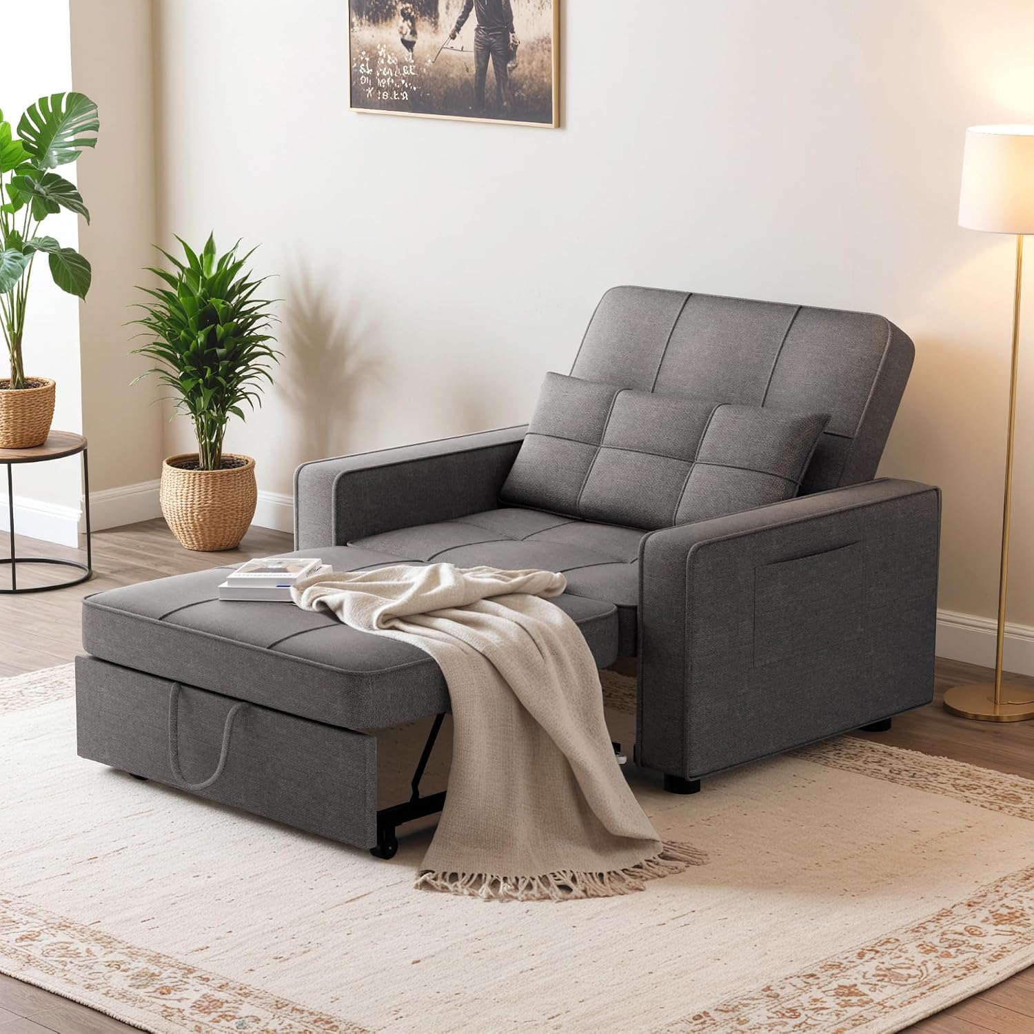 Flamaker Sofa Bed, Sleeper Sofa 3-in-1, Adjustable Couch Bed with Modern Linen Fabric, Convertible Sleeper Chair, Couches for Living Room, Apartment and Small Space (Graphite Gray)
