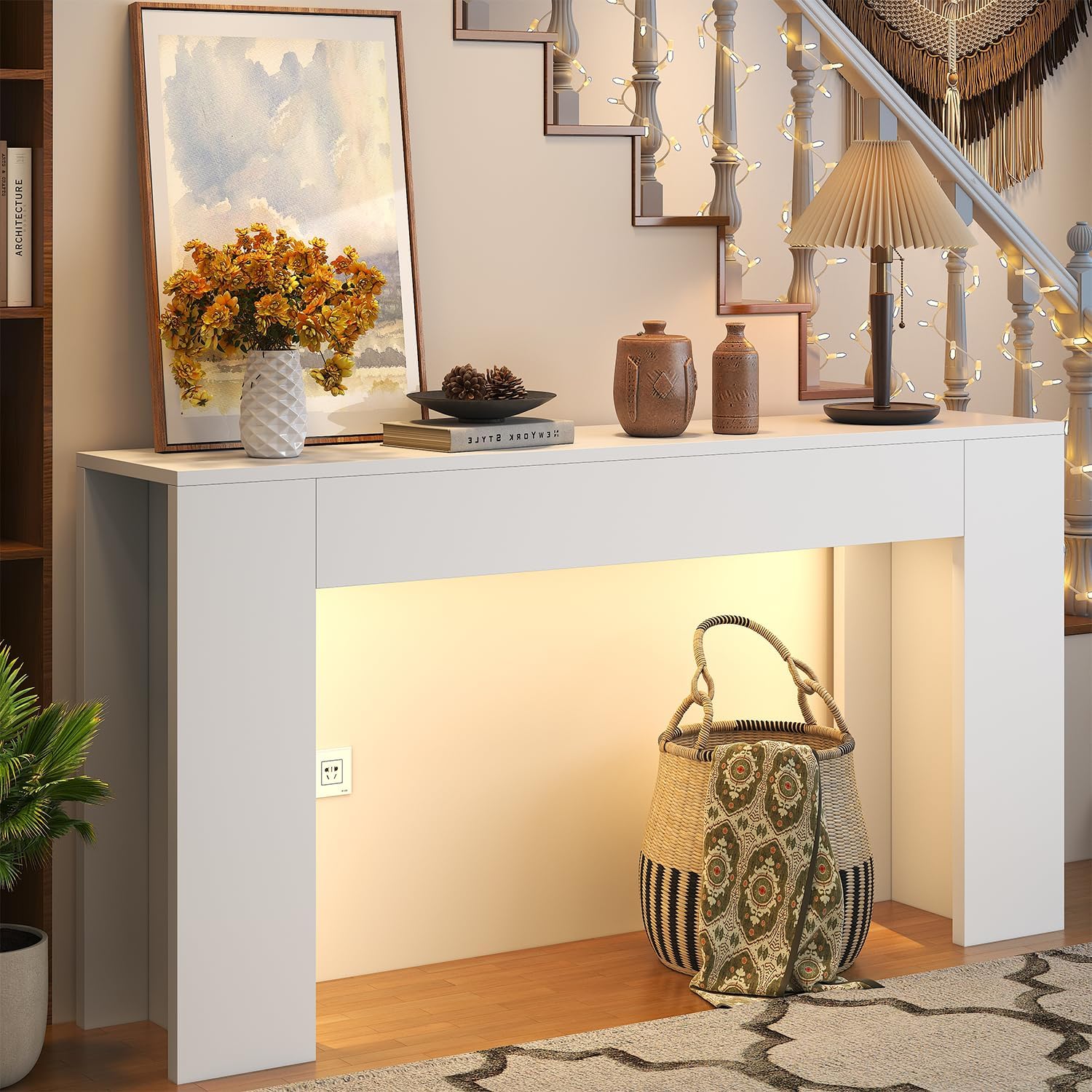 knoworld 63-Inch Long Console Table with LED Light, Farmhouse Sofa Table Behind Couch, Wooden Console Table for Entryway Hallway Entrance Living Room, White