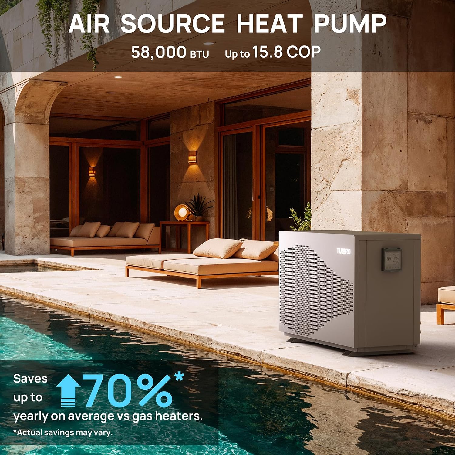TURBRO 58,000 BTU Inverter Swimming Pool Heat Pump, Up to 18,000 Gallons, Up to 15.8 COP, Smart WiFi Control, Heating & Cooling for Inground and Above Ground Pools, 220-240V, Beluga B58V