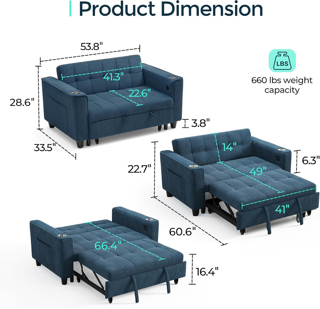 LINSY Sleeper Sofa Bed, 54' Pull Out Couch with Charging Station & Cup Holder, Small 3 in 1 Convertible Loveseat Sleeper Couch for Apartment, Dorm Room, Bedroom and Small Space, Corduroy Blue
