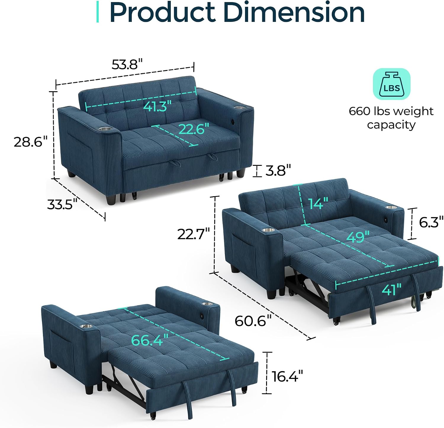 LINSY Sleeper Sofa Bed, 54' Pull Out Couch with Charging Station & Cup Holder, Small 3 in 1 Convertible Loveseat Sleeper Couch for Apartment, Dorm Room, Bedroom and Small Space, Corduroy Blue