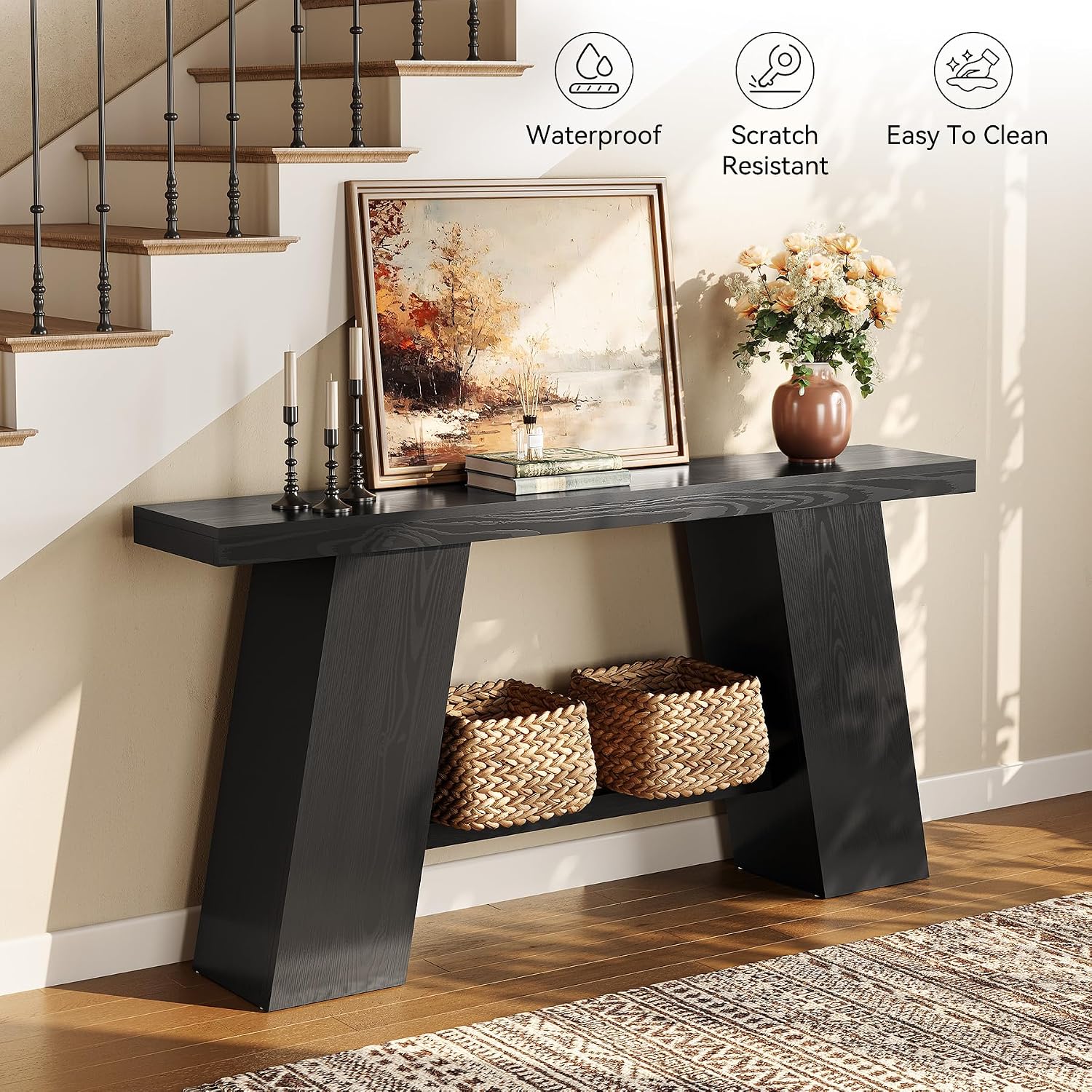 LITTLE TREE 70.8-Inch Long Black Console Table for Entryway, Narrow Modern Sofa Table for Entry, Hallway, Behind Couch, Living Room, Foyer, Entrance, Front Door
