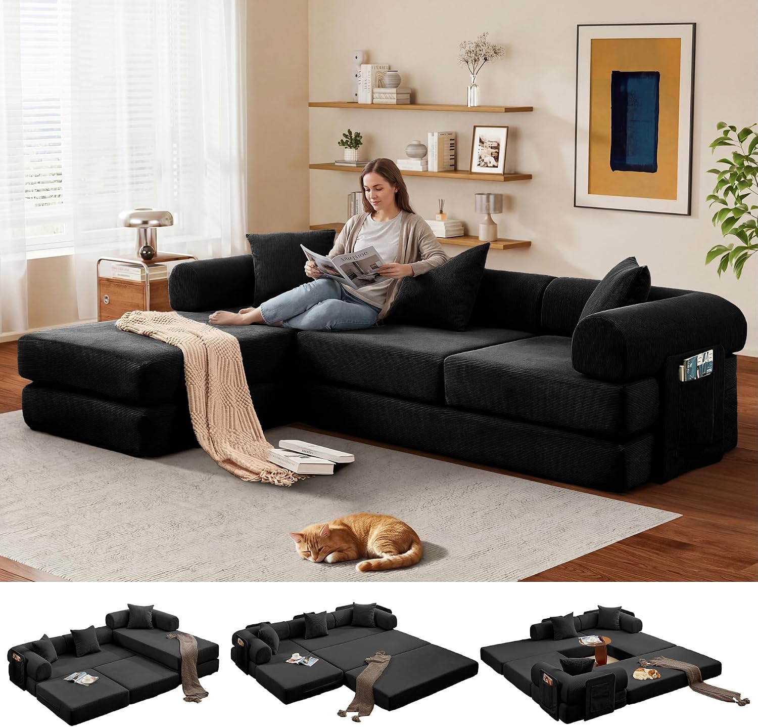 Modular L Shaped Sofa Bed with Cylindrical Pillow & Reversible Chaise, Corduroy Convertible Floor Boneless Sofa Couch Bed with Fixed-Shape Frame & Storage Pocket for Living Room, Black