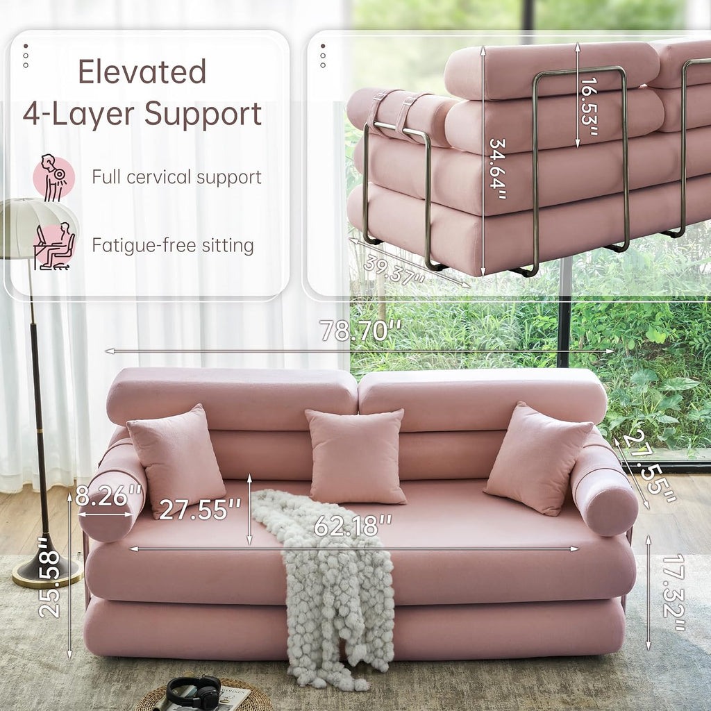 YINIX Convertible Sleeper Sofa - 35'' High-Back Floor Couch Bed - Folding Sofa Bed with Rounded Arm Supports - Floor Sofa Lounge Sofa Bed for Living Room - Pink