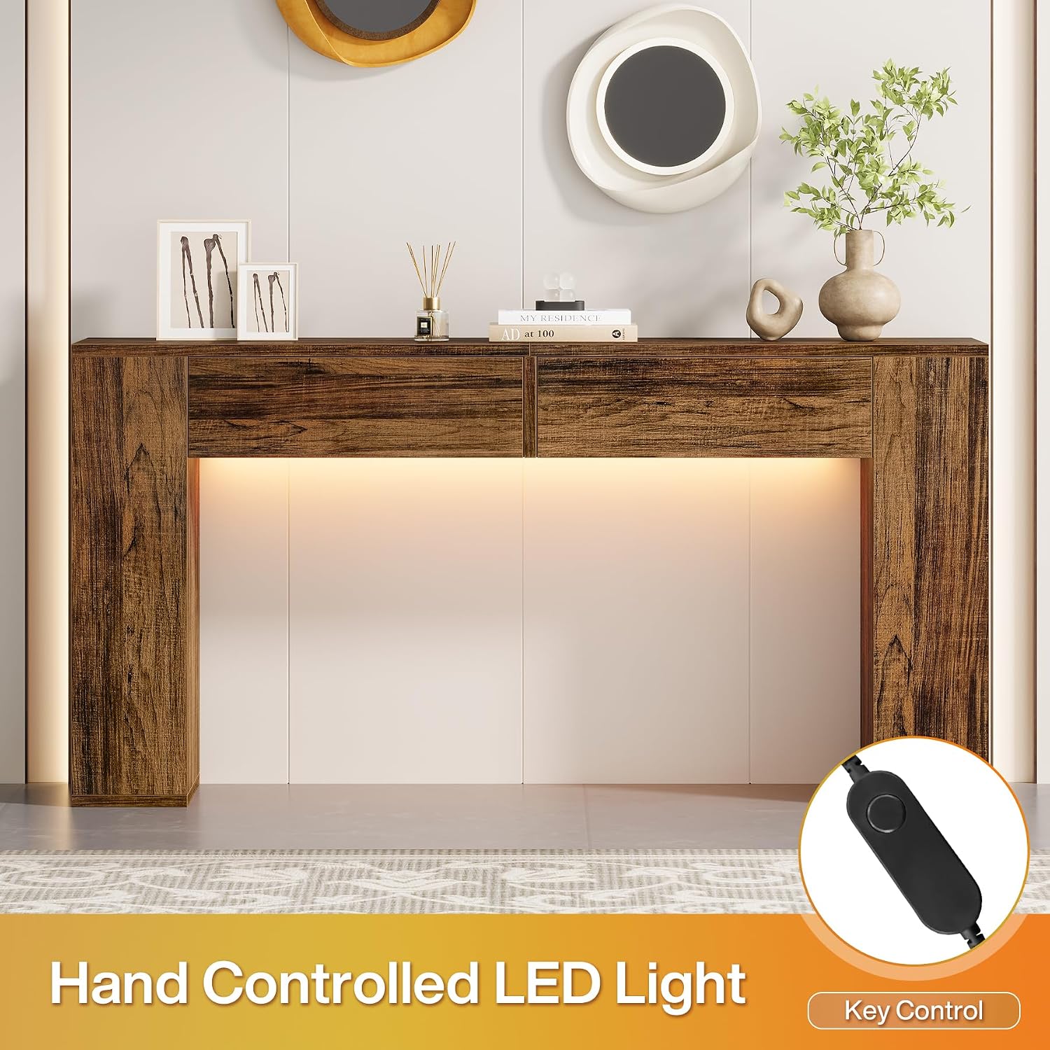 Farmhouse Console Table with LED Light and 2 Drawers, 55 inch Long Sofa Table Behind Couch, Narrow Entry Table for Entryway, Hallway, Entrance, Living Room (Rustic Brown)