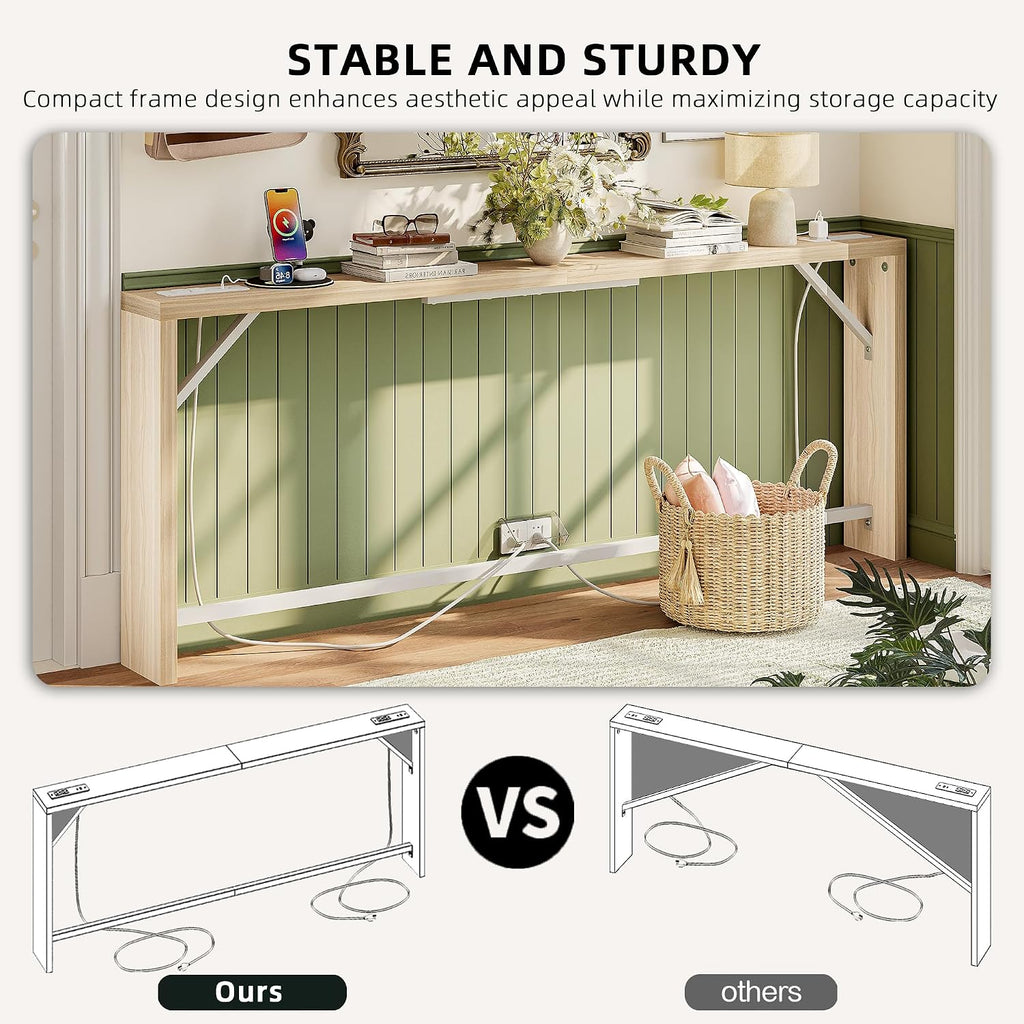 TIQLAB Sofa Table, 79 inch (1.2'' Thick Tabletop) Long Console Table Behind Couch, Narrow Entryway Table with Angled Metal Frame, Industrial Console Table for Entryway, Light Walnut